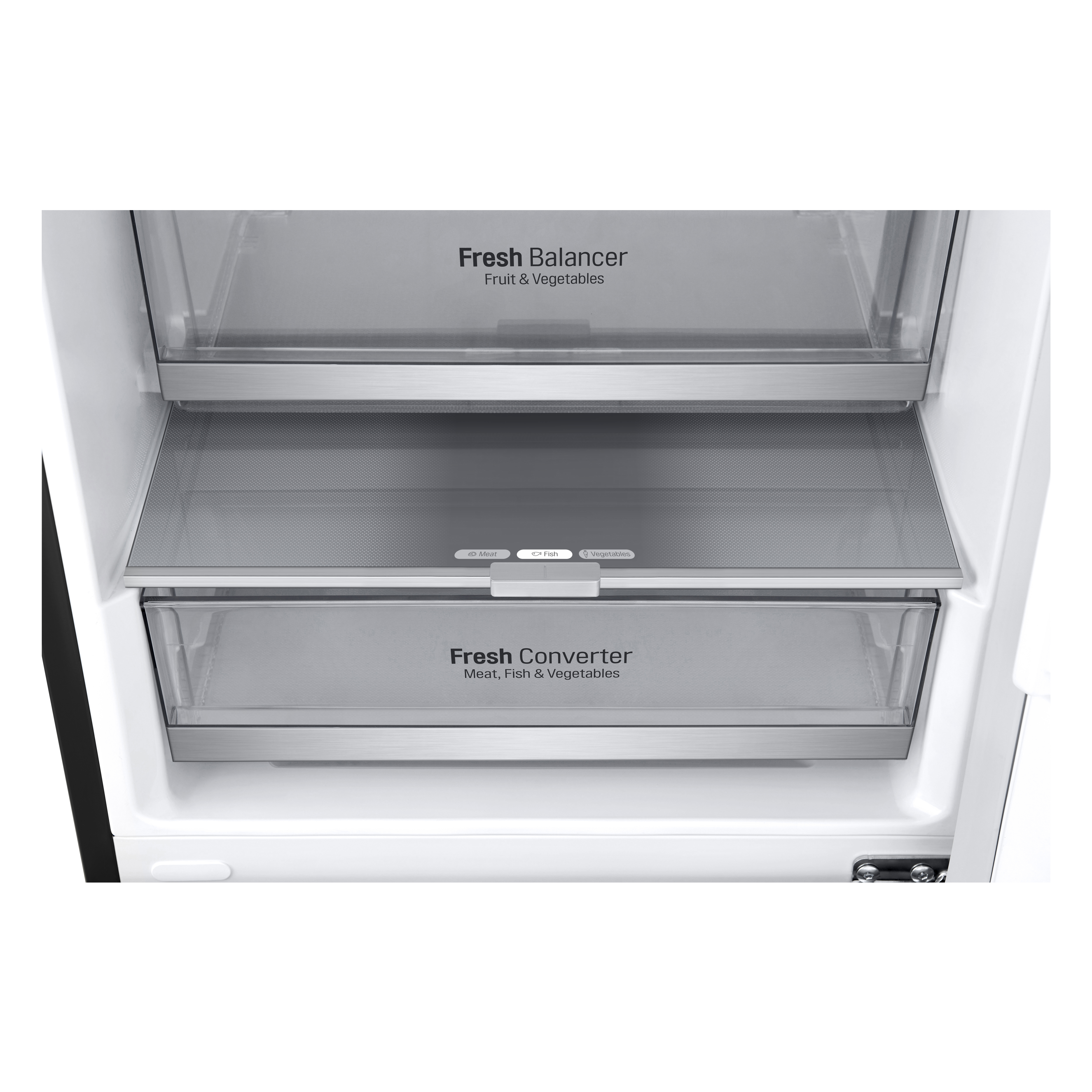 Interno frigorifero aperto con due cassetti con l'etichetta 'Fresh Balancer' e 'Fresh Converter'.