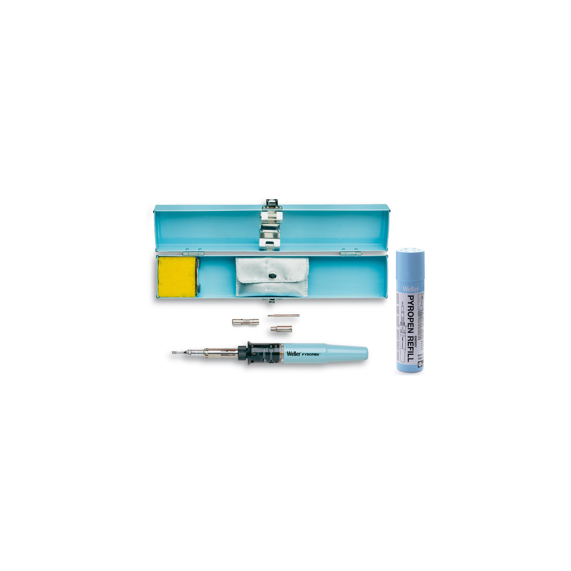 Kit saldatore con scatola blu, saldatore e tubo di ricarica.