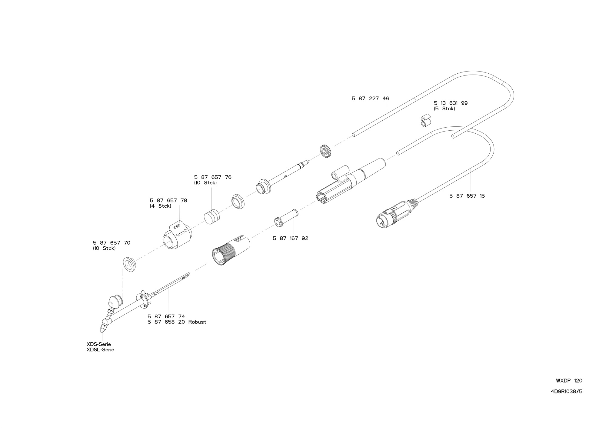 Diagramma tecnico dei componenti del saldatore, con etichette e frecce su sfondo bianco.