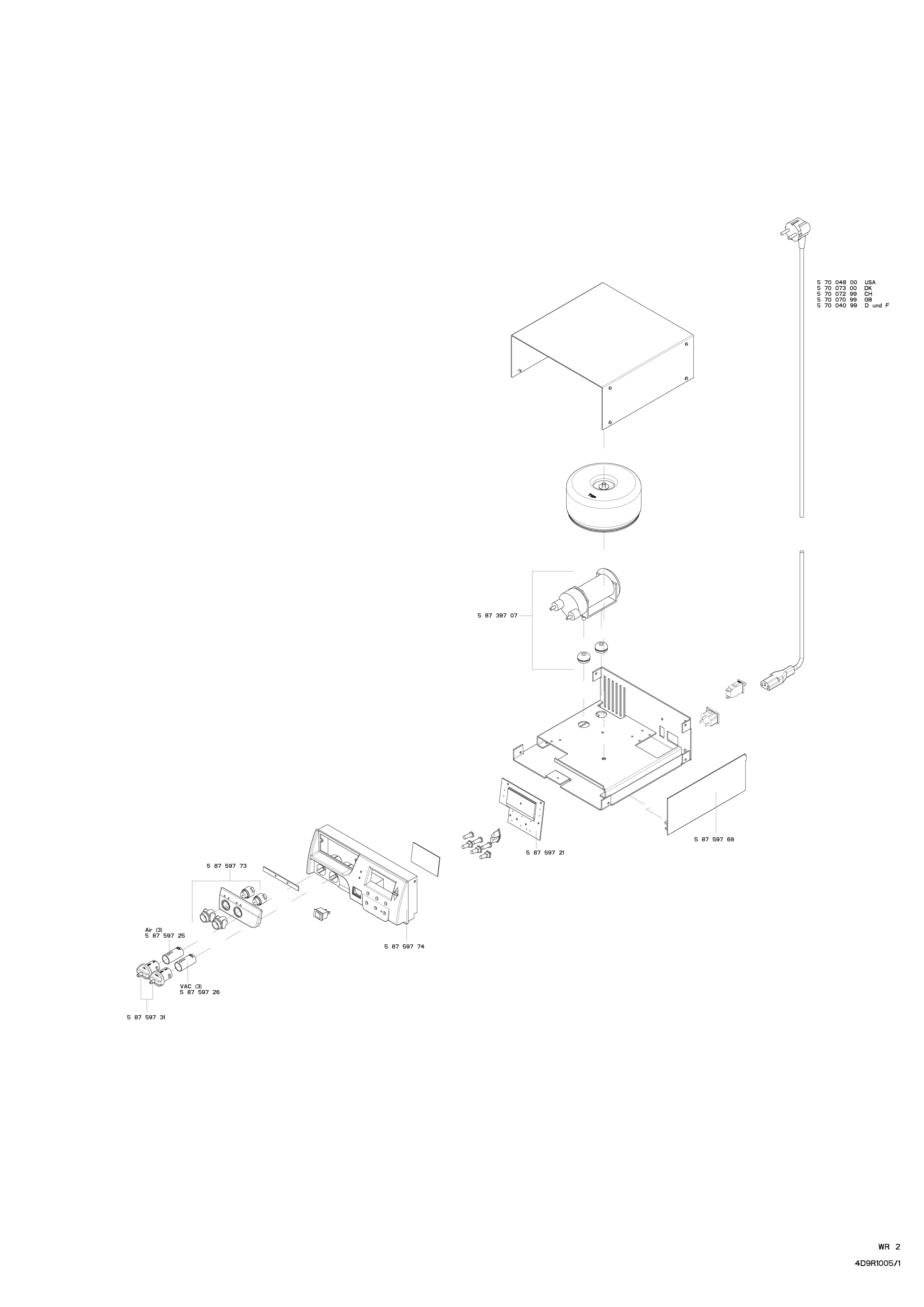 Diagramma tecnico di componenti elettronici, con etichette e parti su sfondo bianco.