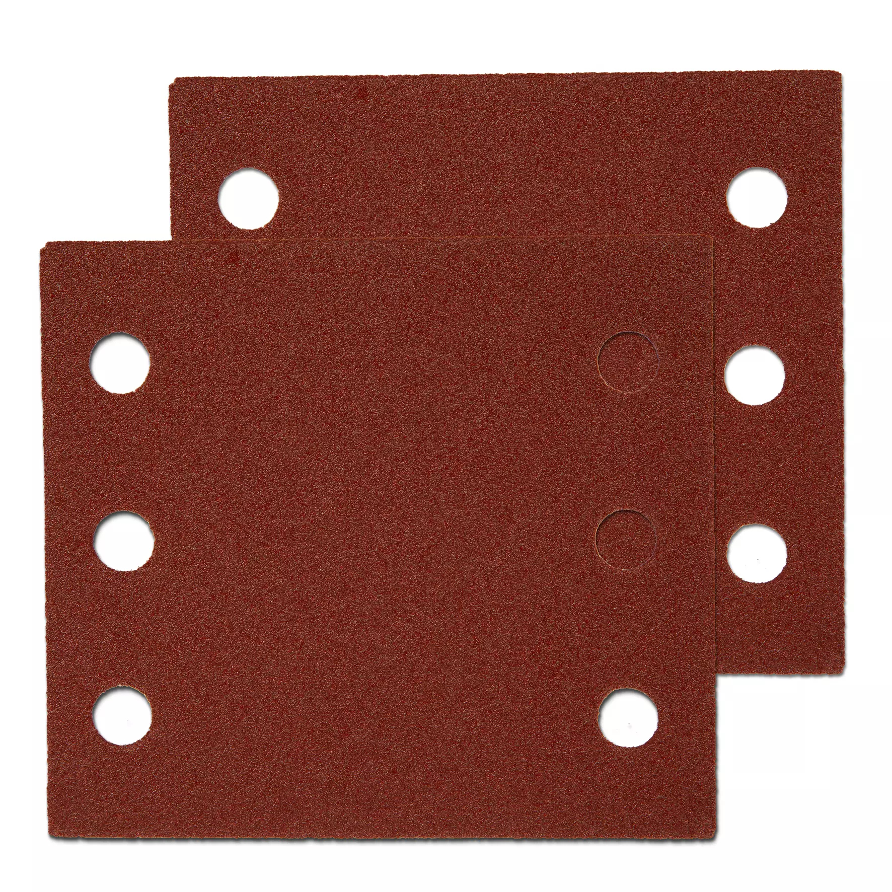 Dwa brązowe arkusze ścierne z otworami, na białym tle.