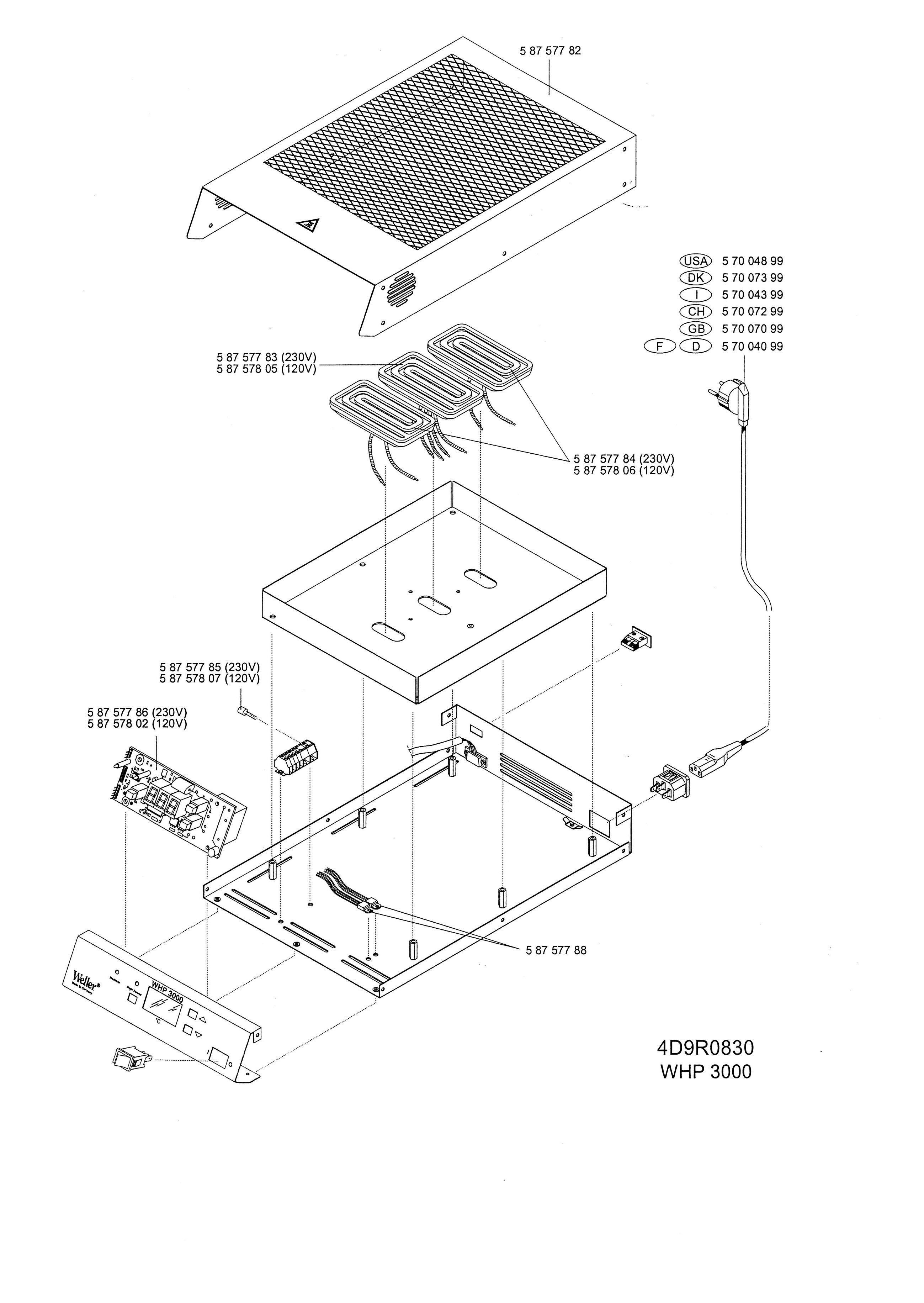 Diagramma esploso di un preriscaldatore Weller, che mostra tutti i componenti.