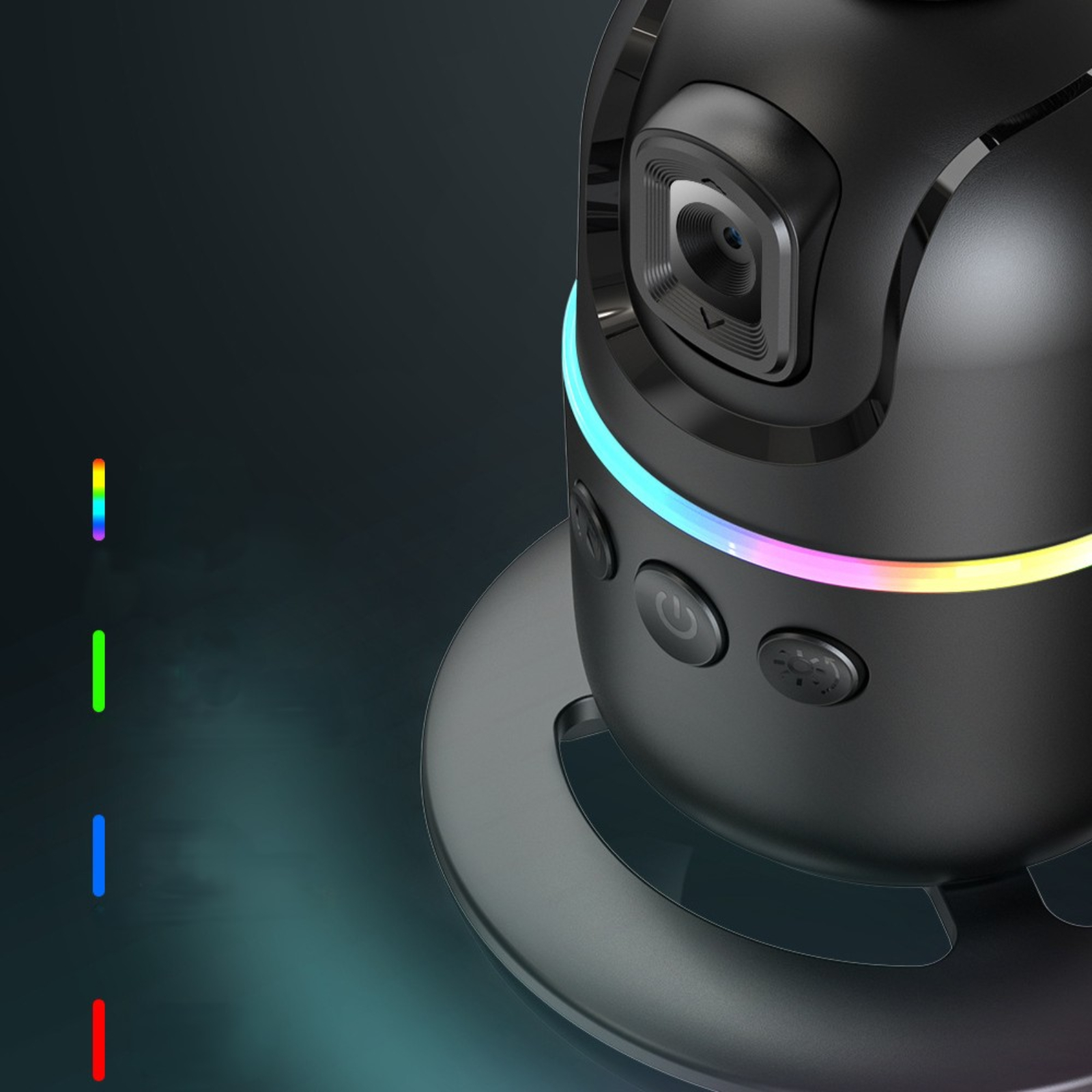 Schwarze Kamera mit Regenbogenlichtern, Knöpfen und Objektiv auf dunklem Grund.