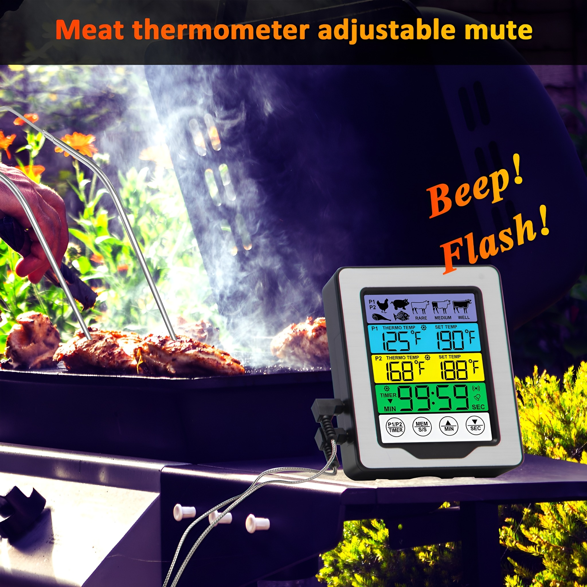 Fleischthermometer auf Grill mit Fleisch. Bildschirm zeigt Temperatur.