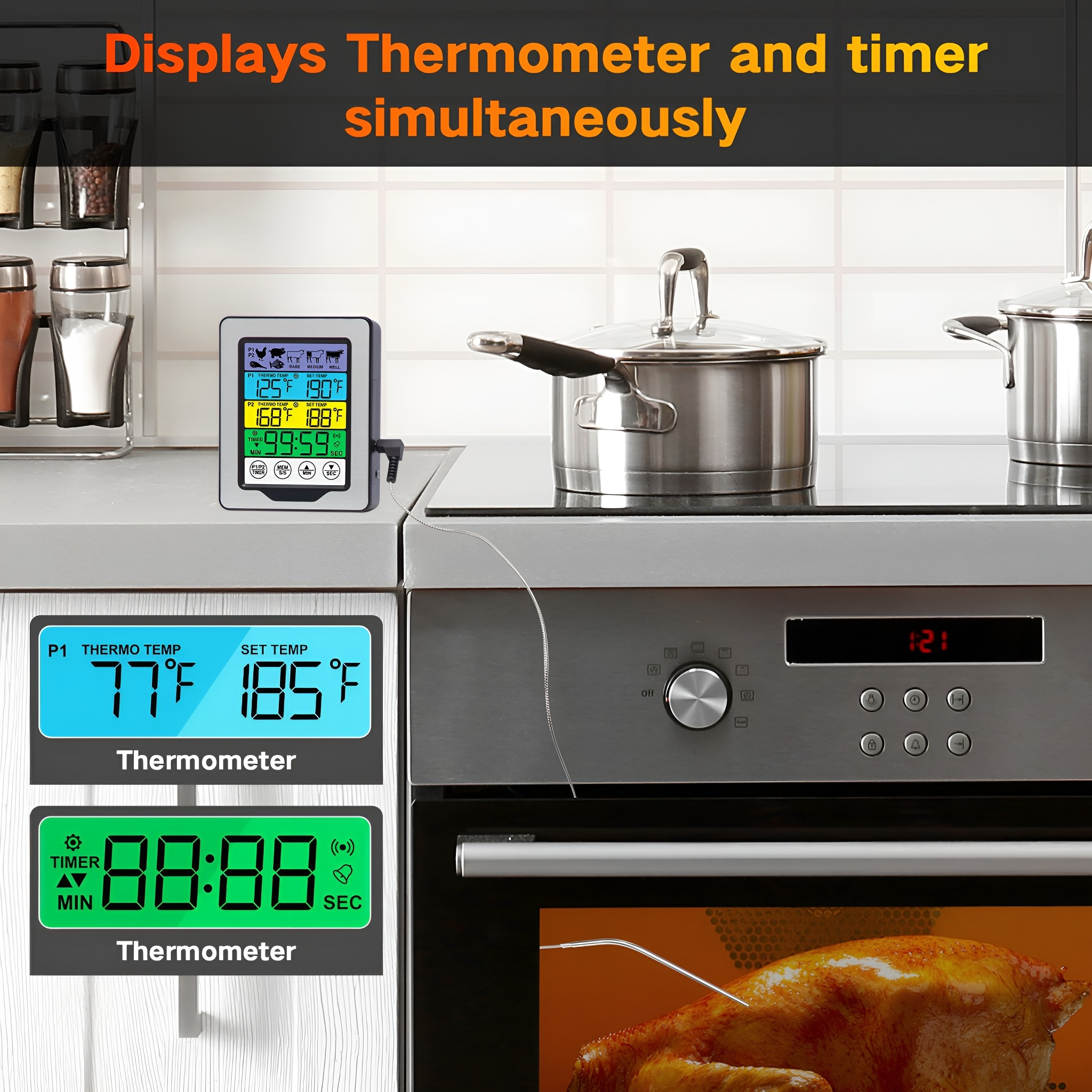 Thermometer und Timer auf Küchenarbeitsplatte. Zeigt Temperaturen und Zeit mit Brathähnchen.