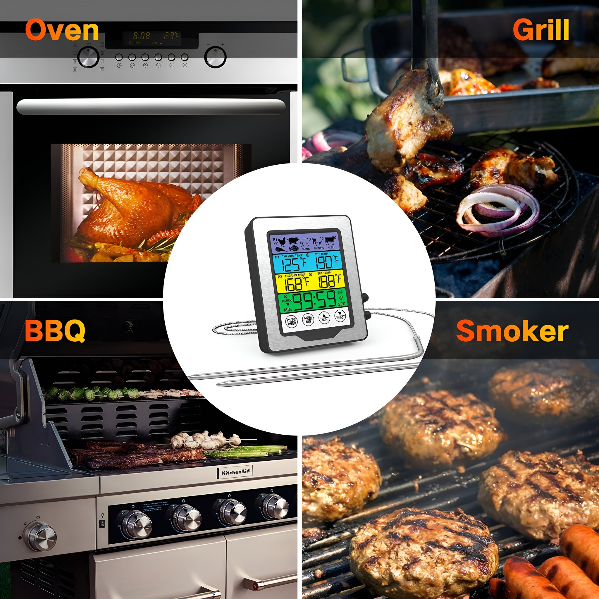 Ein Lebensmittelthermometer mit verschiedenen Kochmethoden, einschließlich Ofen, Grill, BBQ und Smoker, mit Lebensmittelbildern.