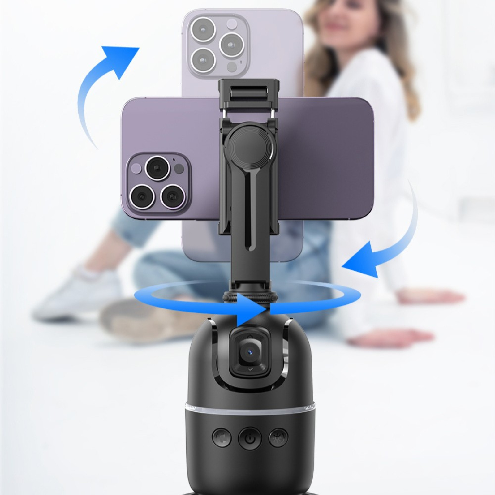 Ein Telefon ist auf einem schwarzen Gimbal montiert. Das Gimbal dreht sich. Ein weiteres Telefon ist sichtbar.