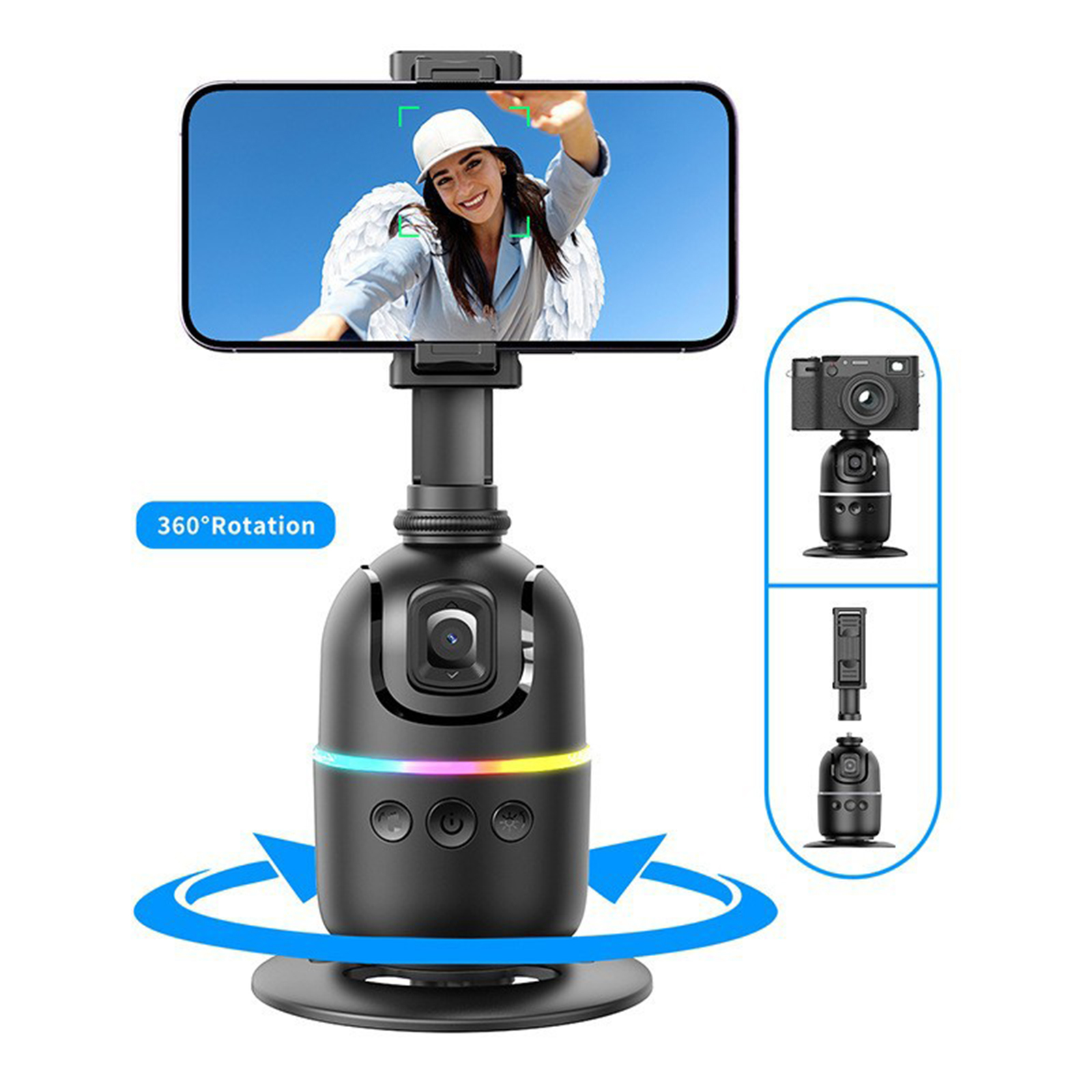 Schwarzer Smartphone-Stabilisator mit Lichtern, zeigt ein Telefon mit einer Selfiew.