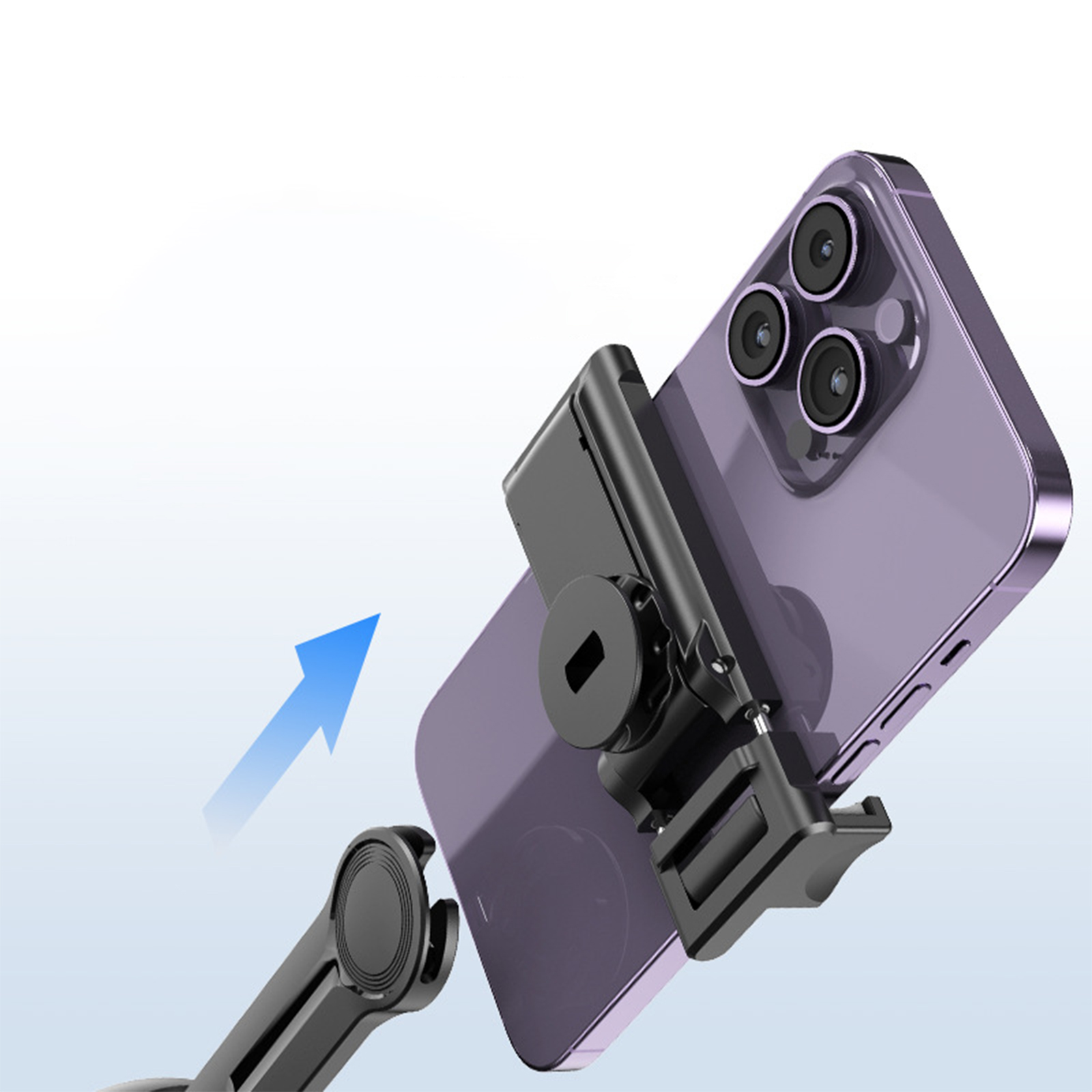 Ein Smartphone wird an einer schwarzen Halterung befestigt, ein blauer Pfeil zeigt den Vorgang.