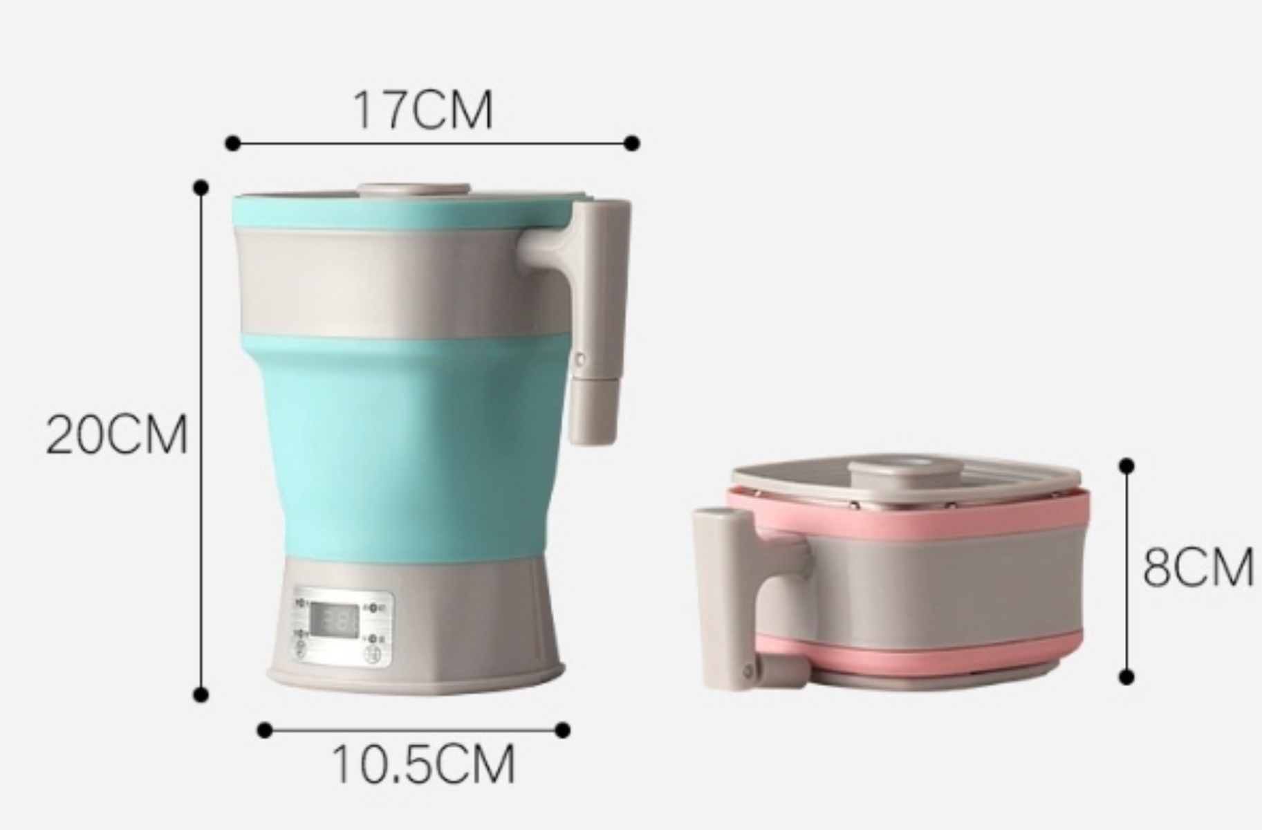Ein zusammenklappbarer Wasserkocher, neben seiner zusammengefalteten Form. Der Wasserkocher ist blau und grau. Abmessungen sind gezeigt.