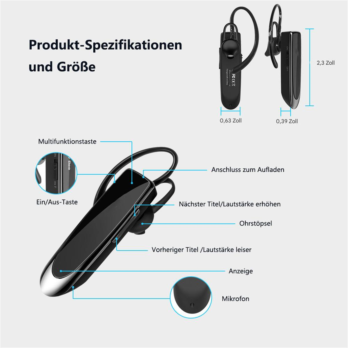 Schwarzes Bluetooth-Headset mit beschrifteten Teilen, einschließlich Mikrofon und Tasten. Abmessungen sind angegeben.