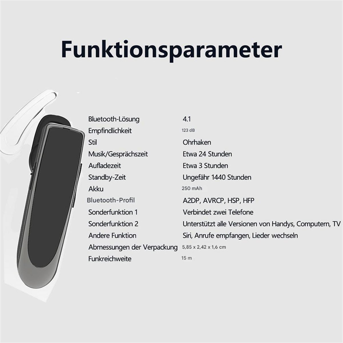 Weißer Ohrhörer mit Spezifikationen und Funktionen auf weißem Hintergrund.