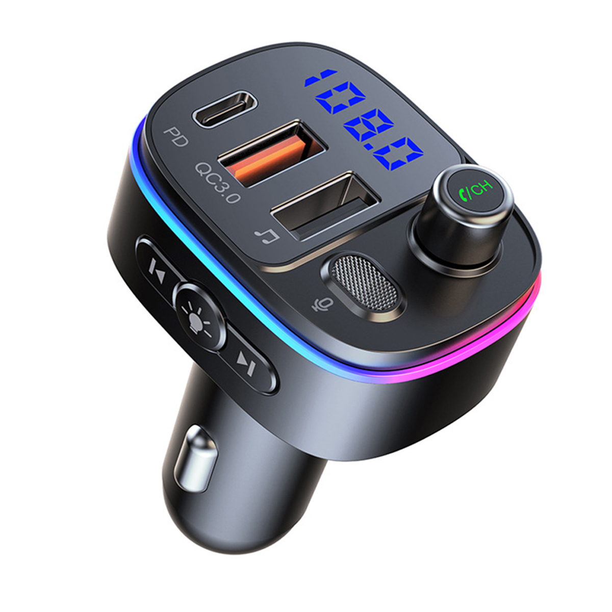 Schwarzer FM-Transmitter fürs Auto mit USB-Anschlüssen, Display mit 108.0 und Tasten.