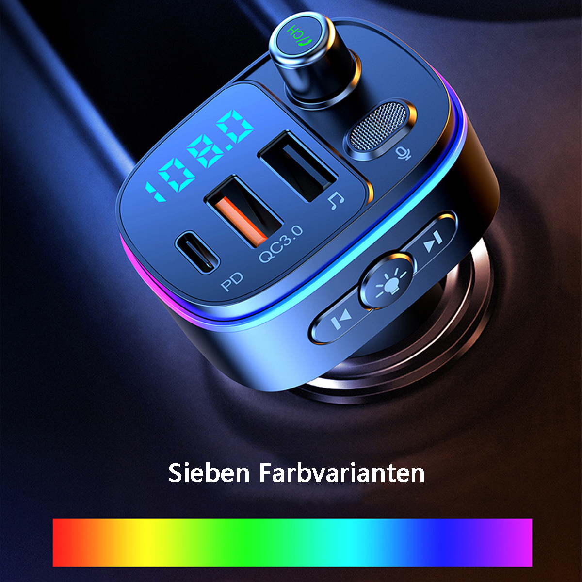 Ein schwarz-blaues Autoladegerät mit mehreren USB-Anschlüssen und einem digitalen Display.