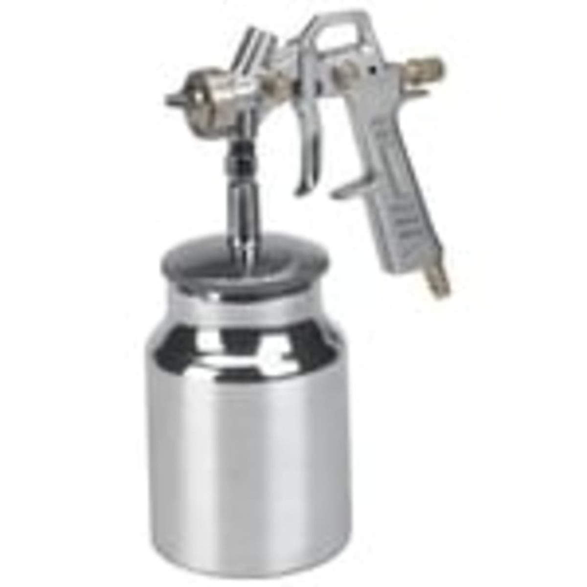 Srebrny pistolet natryskowy ze srebrnym pojemnikiem na farbę.