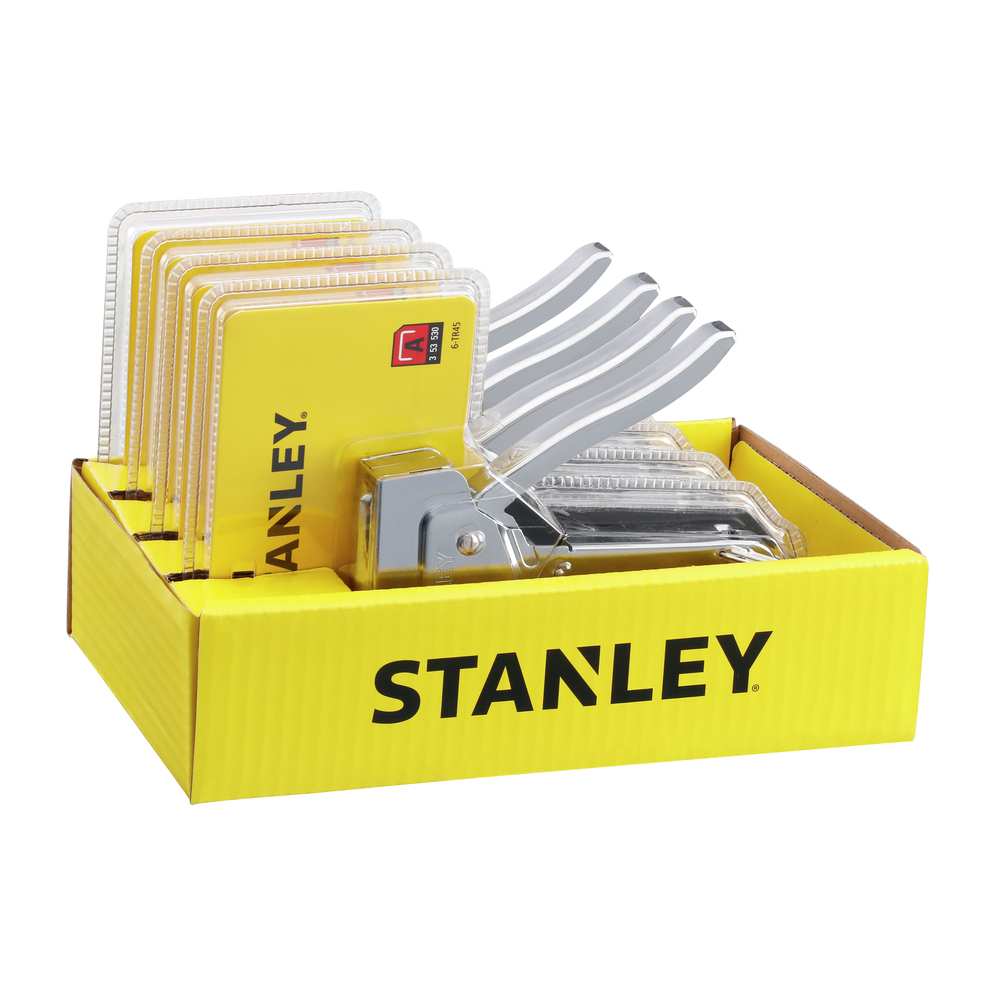 Una scatola gialla con punti metallici Stanley e una pinzatrice.