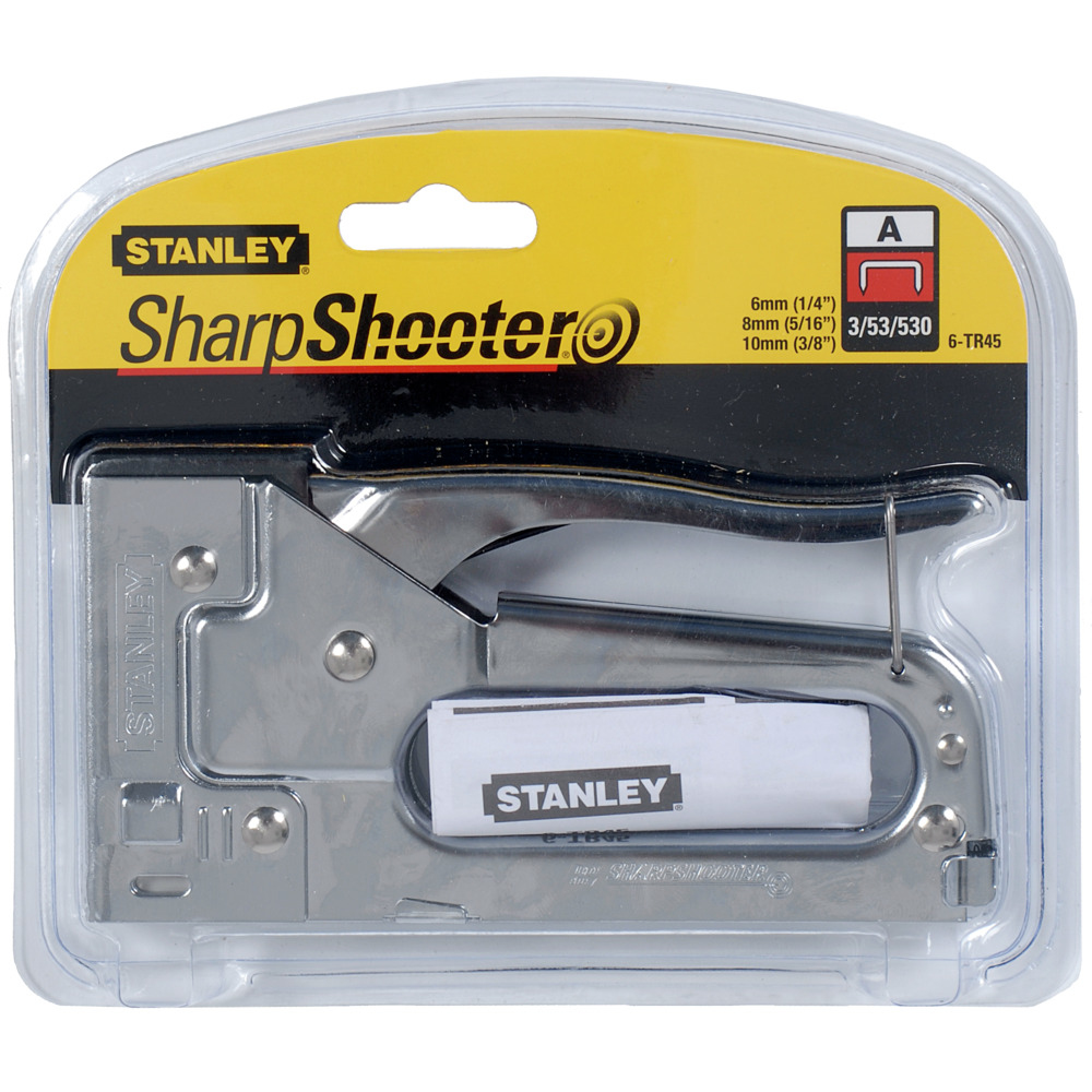 Pinzatrice Stanley SharpShooter in confezione di plastica. Argento e nero con etichetta gialla.