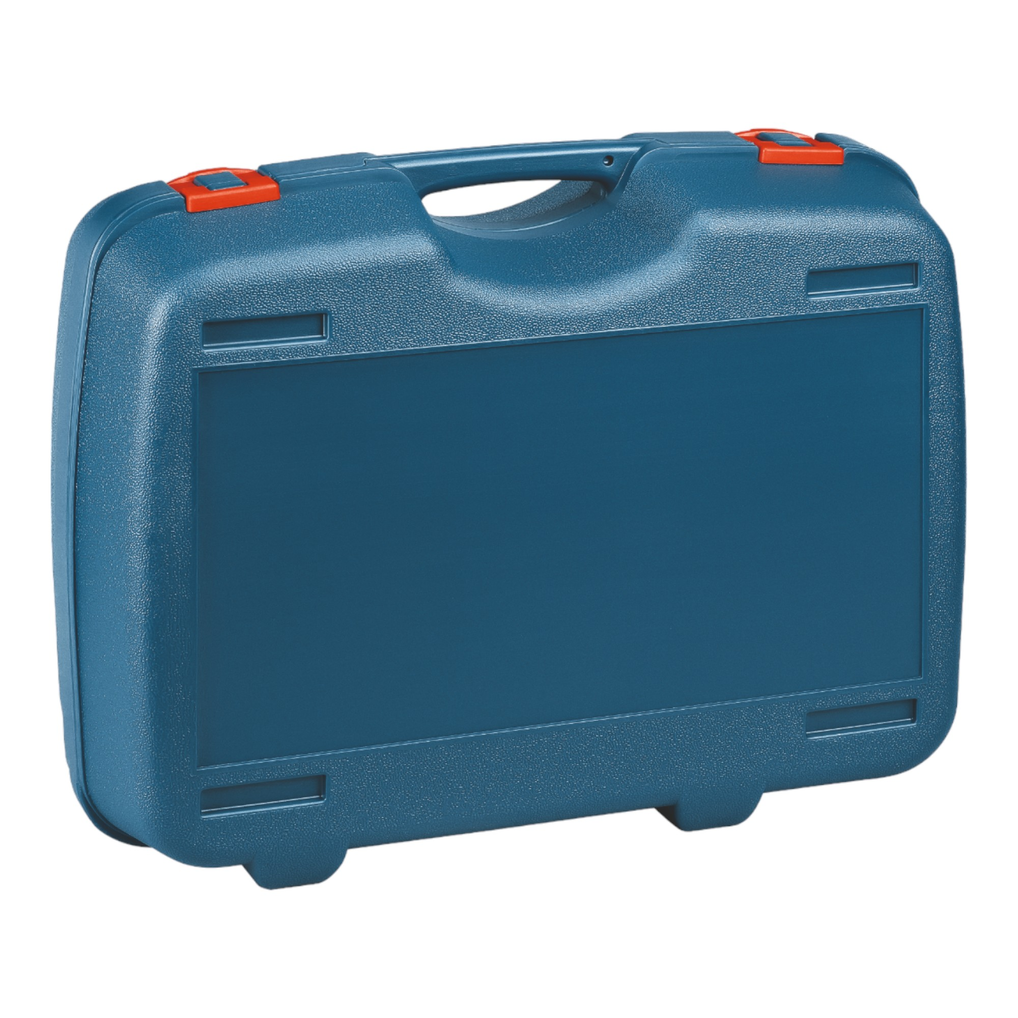 Niebieska walizka na narzędzia z pomarańczowymi zatrzaskami i uchwytem. Białe tło.