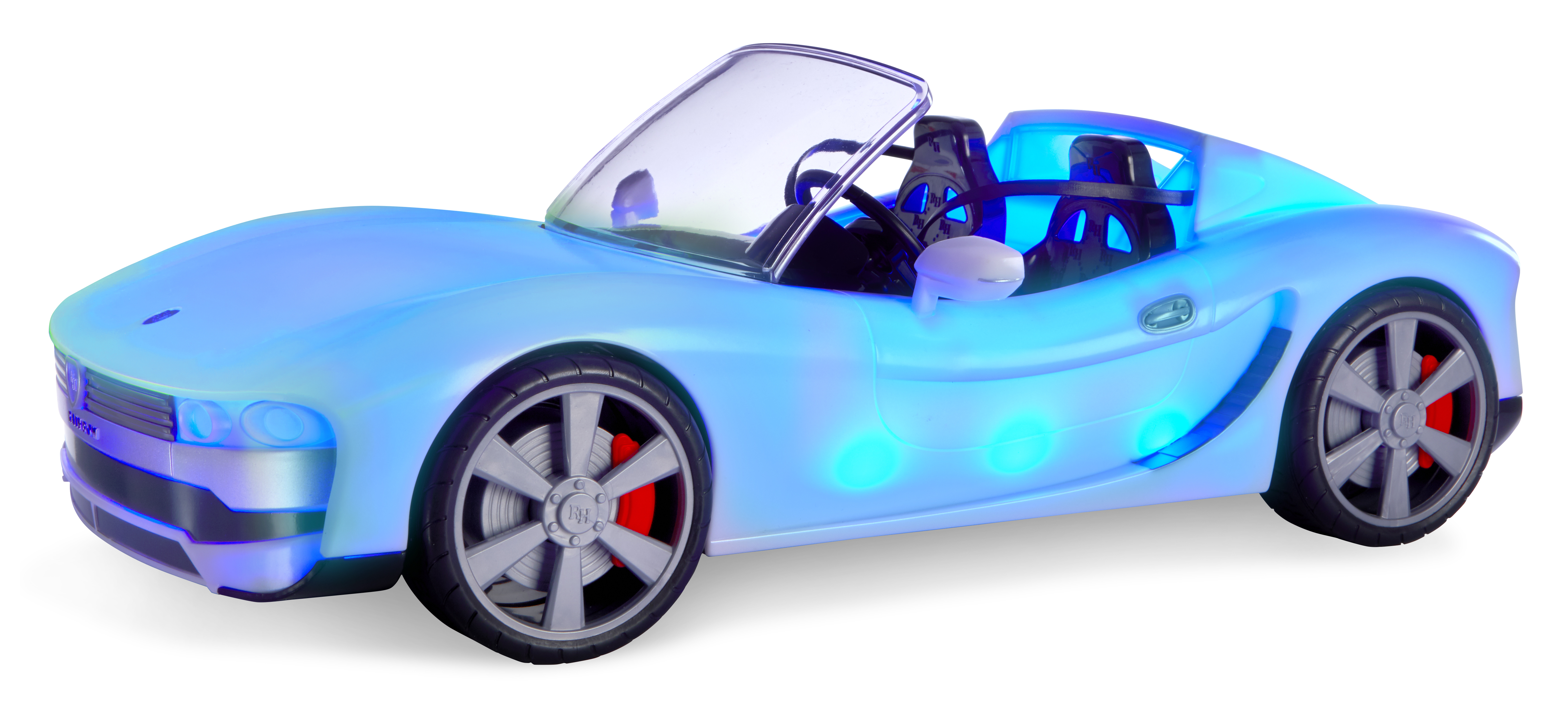 Ein Spielzeugauto mit Lichtern und blauem Farbschema.