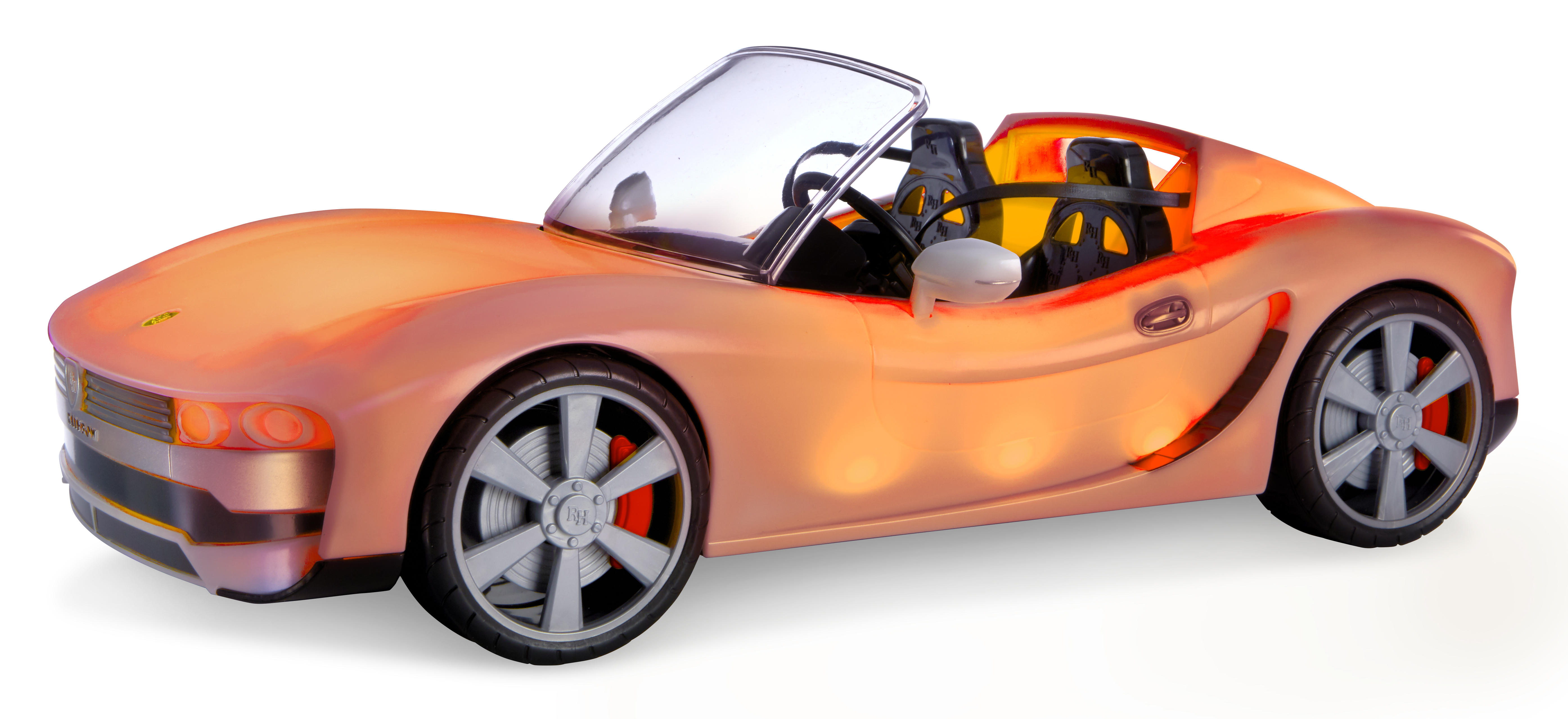Spielzeugauto: orangefarbenes Cabrio mit schwarzen Sitzen, silbernen Rädern.