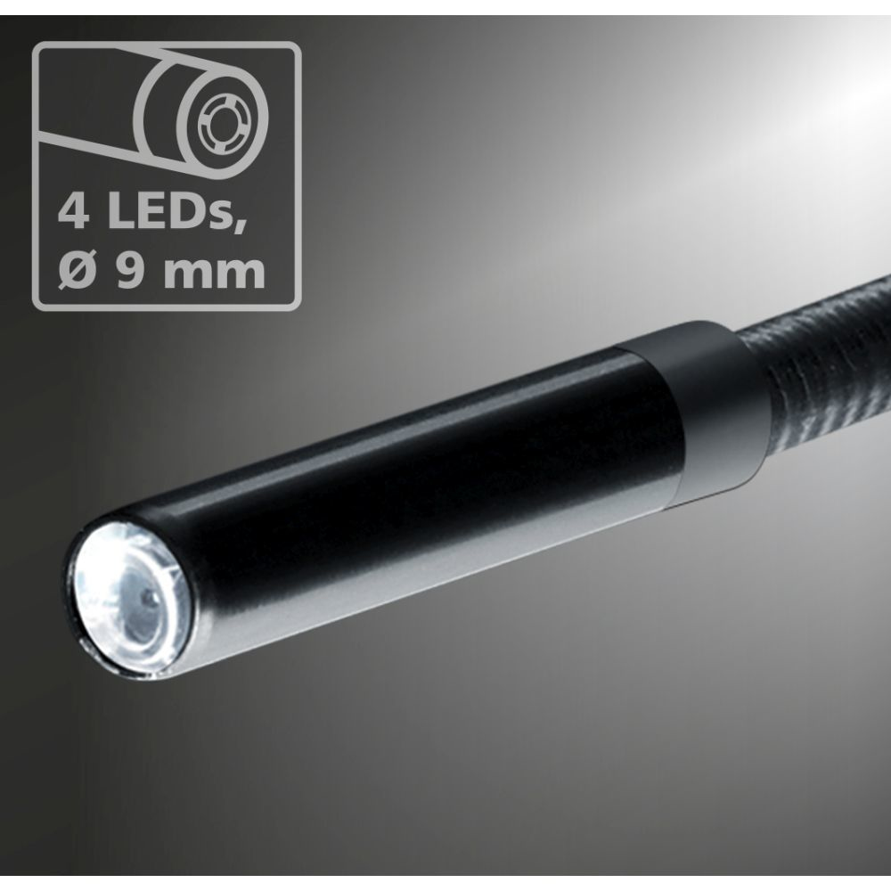 L'estremità di un cavo di telecamera di ispezione nero con 4 LED è mostrata, con testo che etichetta i dettagli.