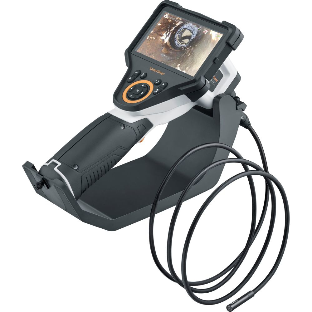 Una telecamera di ispezione portatile con schermo, sonda flessibile e maniglia è mostrata.