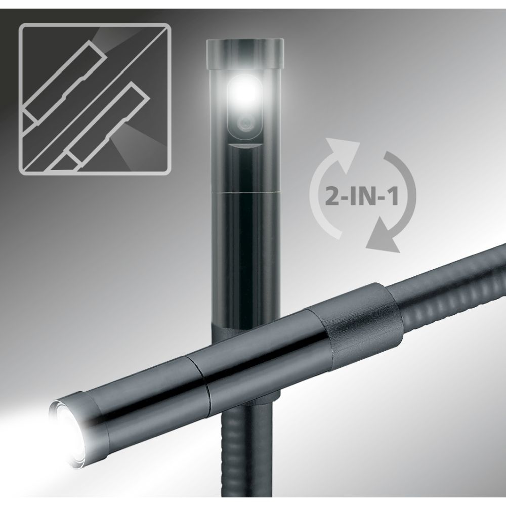 Una luce di ispezione 2 in 1 con collo flessibile, che mostra la sua doppia funzionalità.