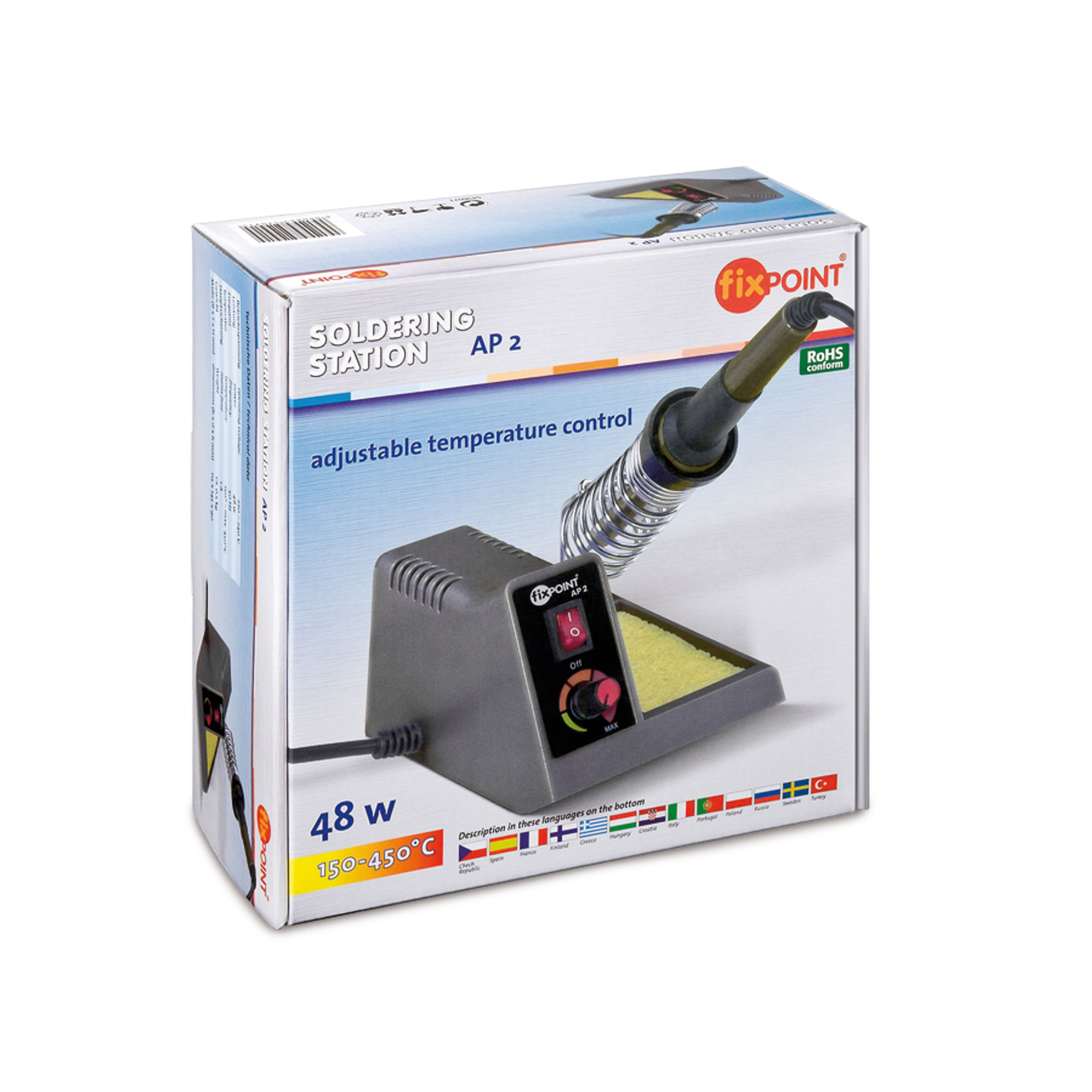 Pudełko stacji lutowniczej z lutownicą i stojakiem. Pudełko ma tekst i kolory.