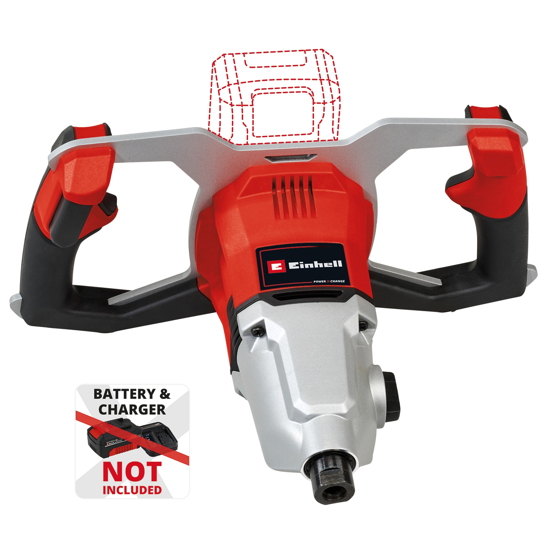 Miscelatore Einhell rosso, grigio e nero, con un simbolo di batteria e caricabatterie sbarrato. Maniglie e testa di miscelazione.