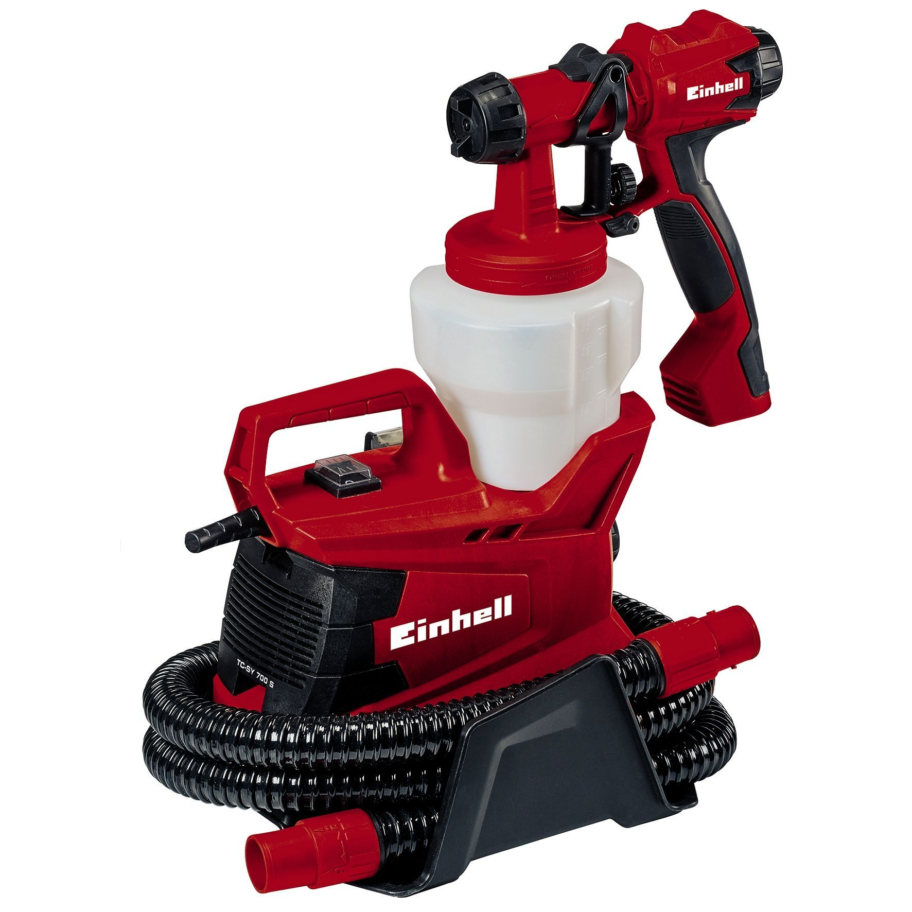 Rotes Einhell Farbsprühgerät mit angeschlossenem schwarzen Schlauch und einem weißen Behälter. Schwarzer Sockel und Griff.