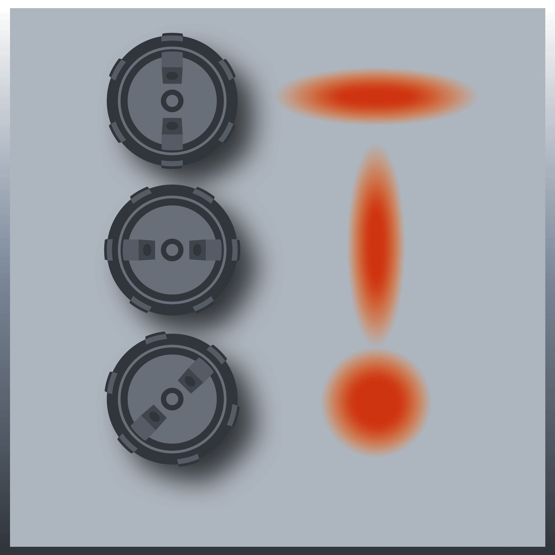 Drei schwarze Sprühdüsenkappen und ein rotes Ausrufezeichen auf grauem Hintergrund.