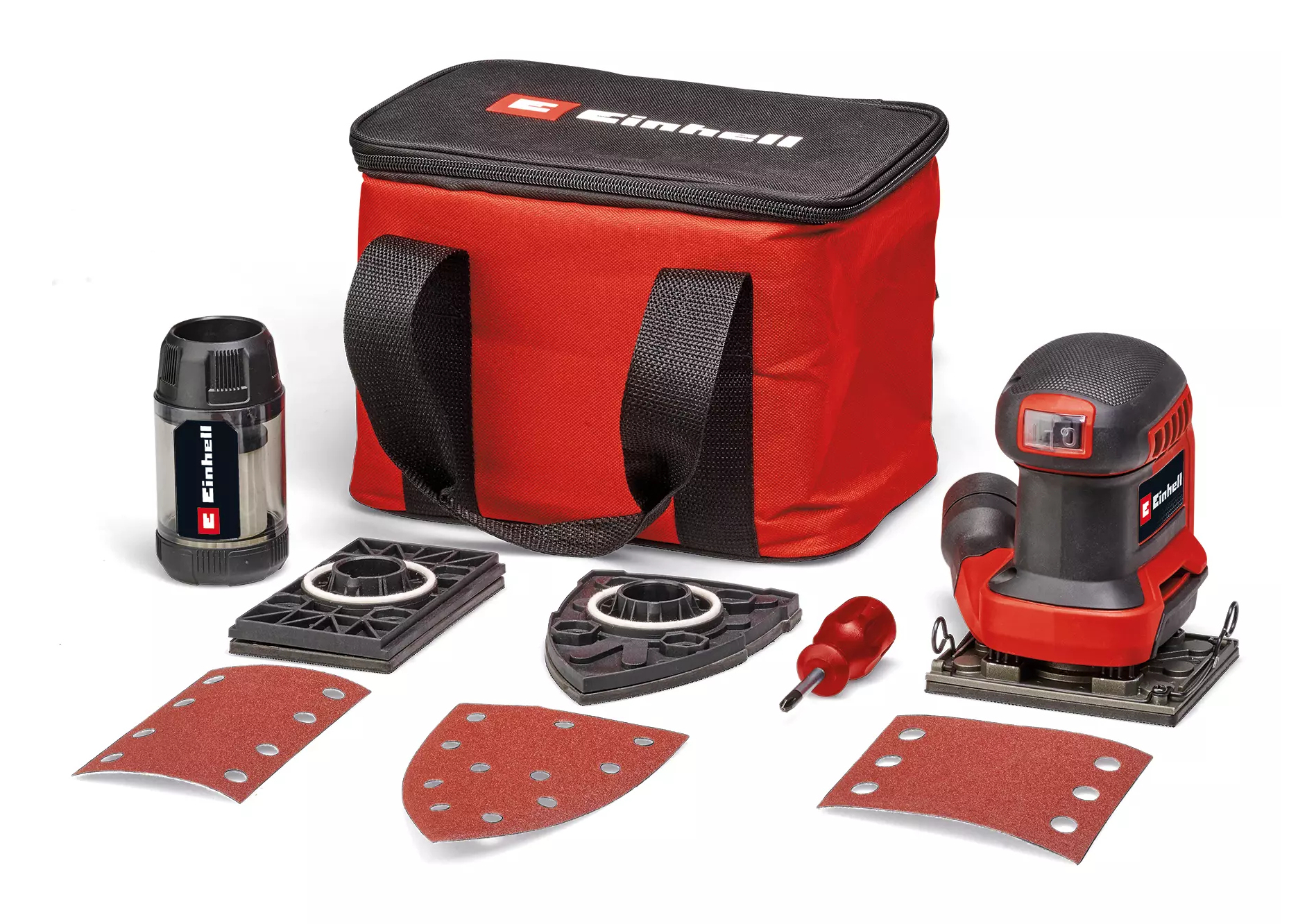 Zestaw szlifierki Einhell z czerwoną torbą, szlifierką, papierami ściernymi, odkurzaczem i śrubokrętem.