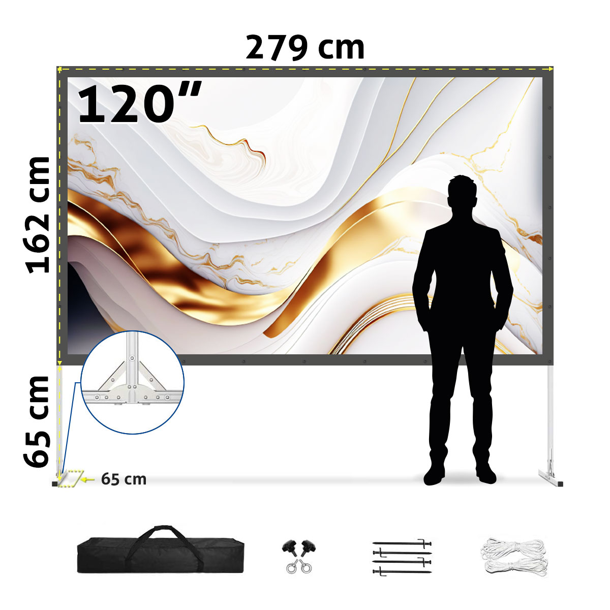 Eine Person steht neben einer großen weißen Leinwand. Abmessungen sind 279 cm x 162 cm. Schwarze Tragetasche und Zubehör.