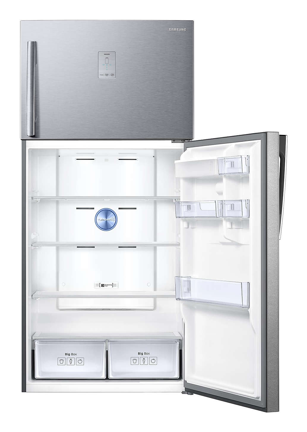 Silver refrigerator with the door open. Shelves, drawers, and a blue circular air filter are visible inside.