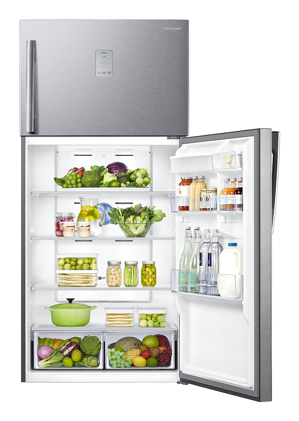 A refrigerator with open door, full of food. The door is on the right.