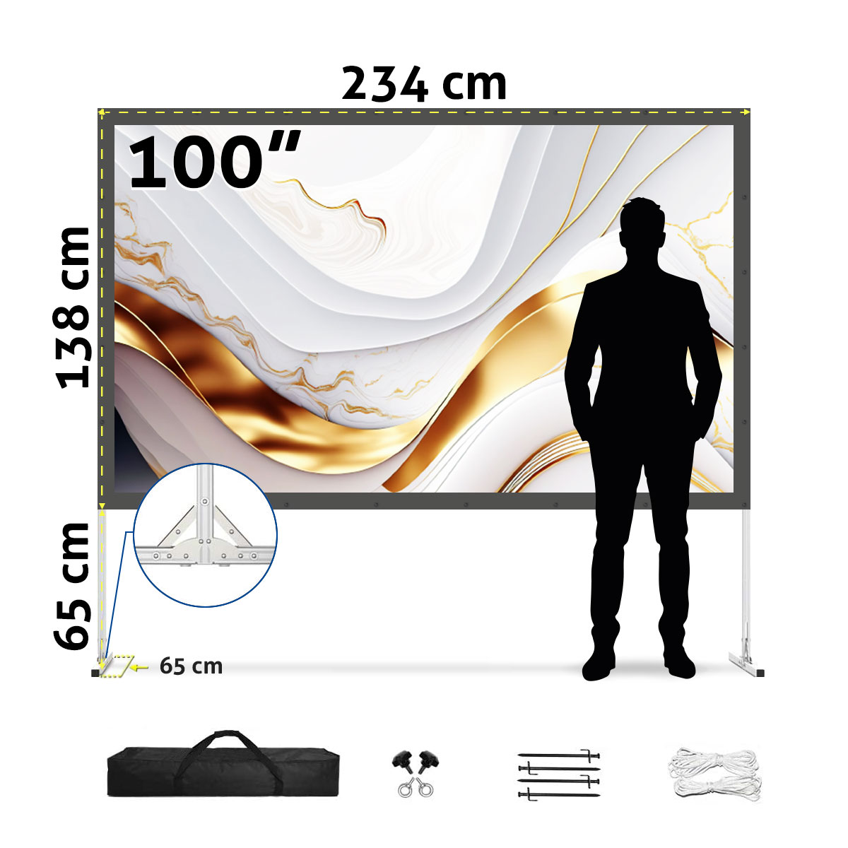Ein Bildschirm und eine Person. Der Bildschirm zeigt ein weißes und goldenes Design. Abmessungen sind angegeben.