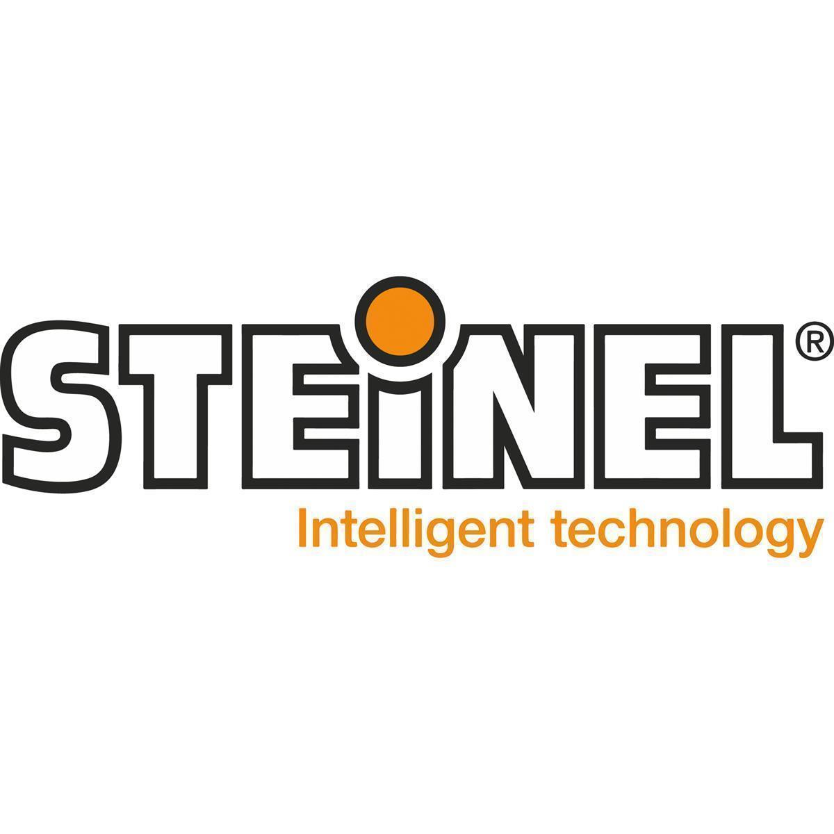Logo Steinel: czarny tekst z żółto-pomarańczowym okręgiem nad literą „E” i „inteligentna technologia”.