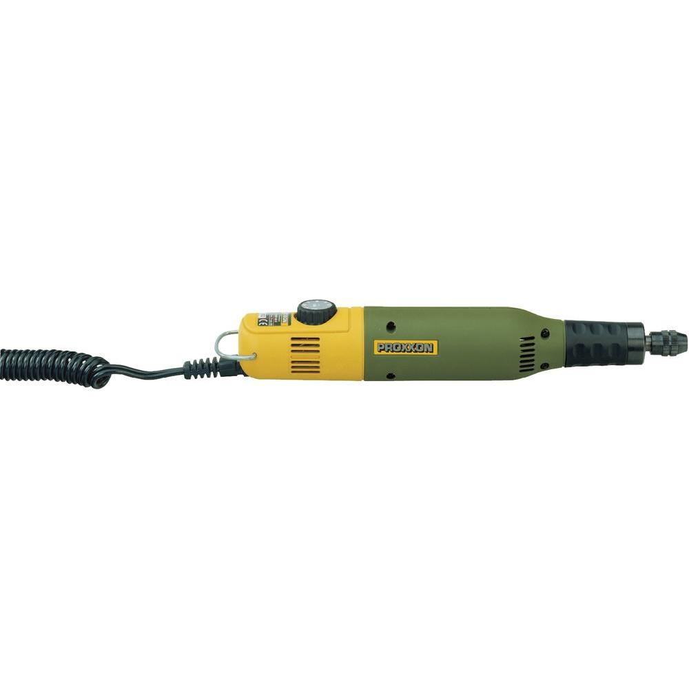 Żółto-zielona wkrętarka Proxxon z czarnym kablem spiralnym. Tło jest białe.