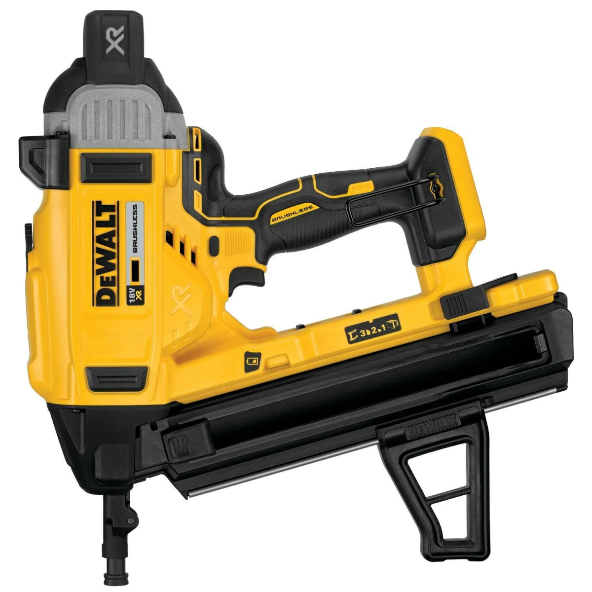 Una chiodatrice DeWalt gialla e nera. L'utensile ha un'impugnatura nera e una parte superiore grigia.