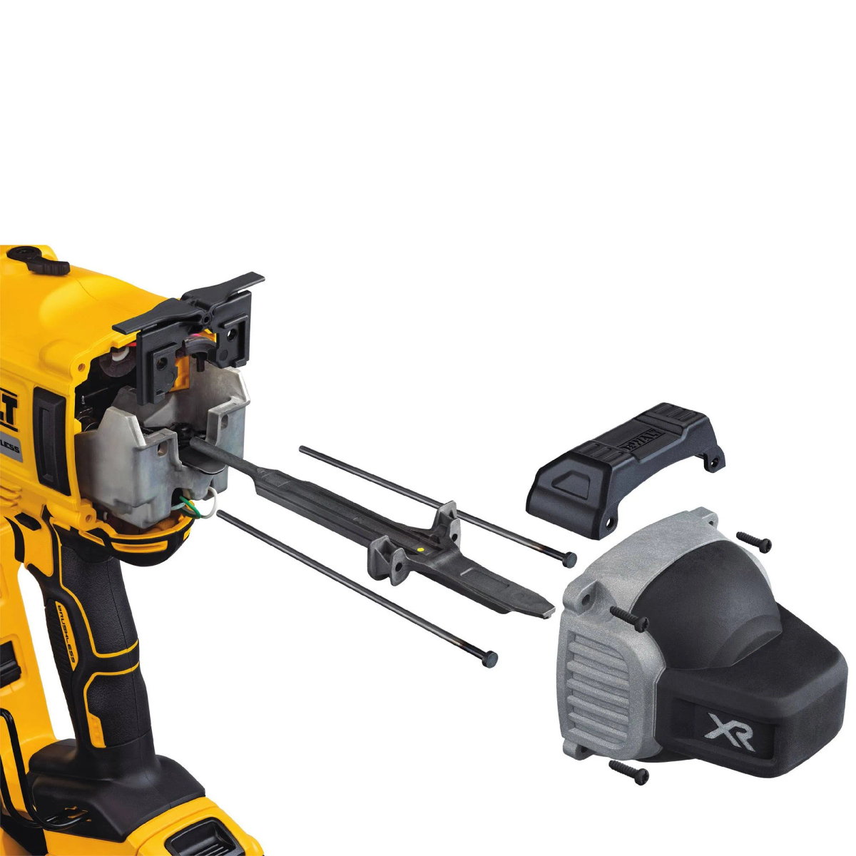 Vista esplosa di una sparachiodi DeWalt gialla che mostra i componenti interni, su sfondo bianco.