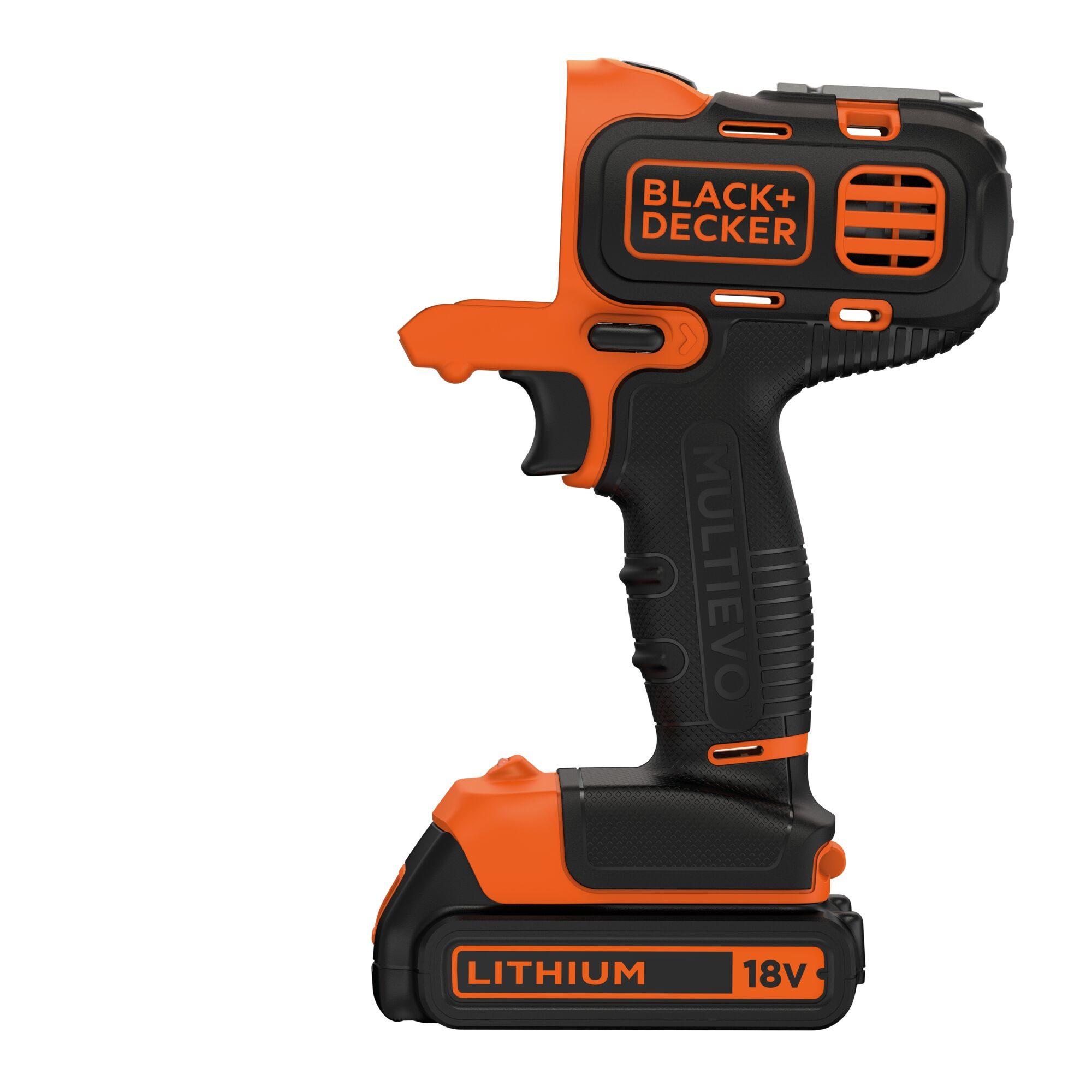 Narzędzie Black+Decker MultiEvo, pomarańczowo-czarne. Bateria litowa 18V. Białe tło.