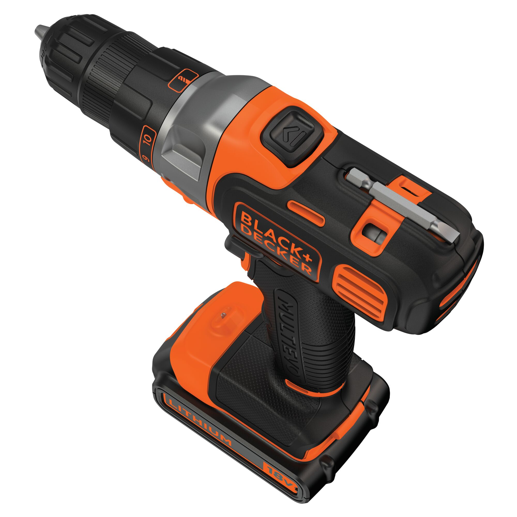 Wiertarka Black+Decker, czarna, pomarańczowa i szara. Bateria litowa 18V. Białe tło.