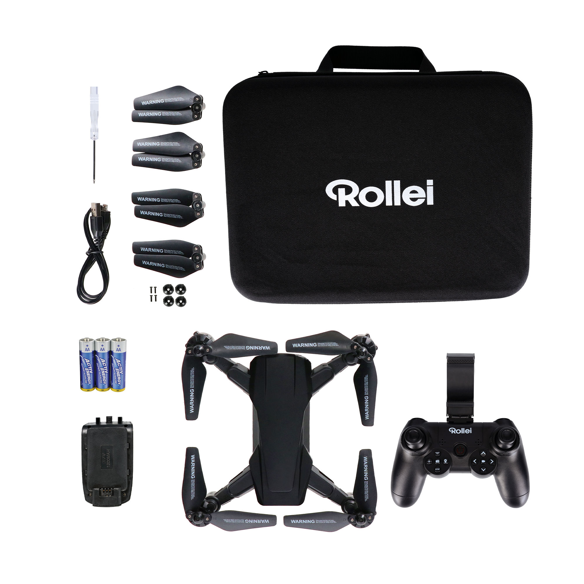 Czarny dron z akcesoriami, w tym futerałem, kontrolerem, bateriami i śrubokrętem.