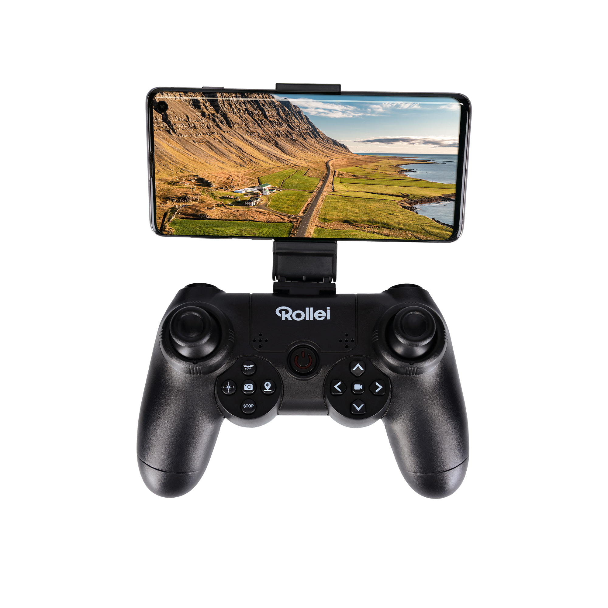 Czarny kontroler drona z dołączonym telefonem, pokazujący zdjęcie krajobrazu.