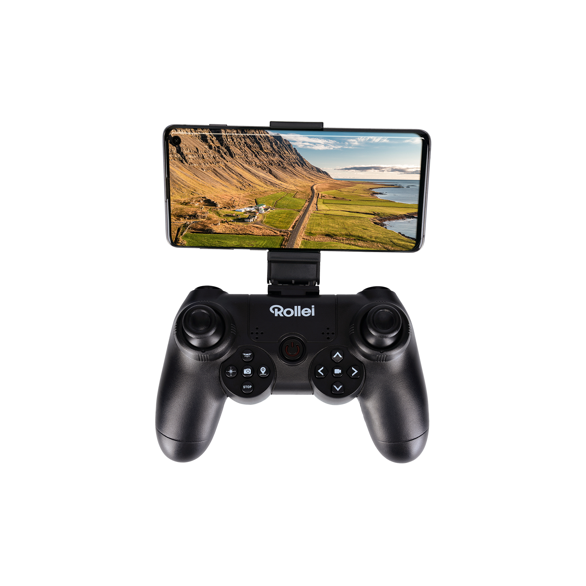 Czarny kontroler drona z telefonem wyświetlającym widok krajobrazu.