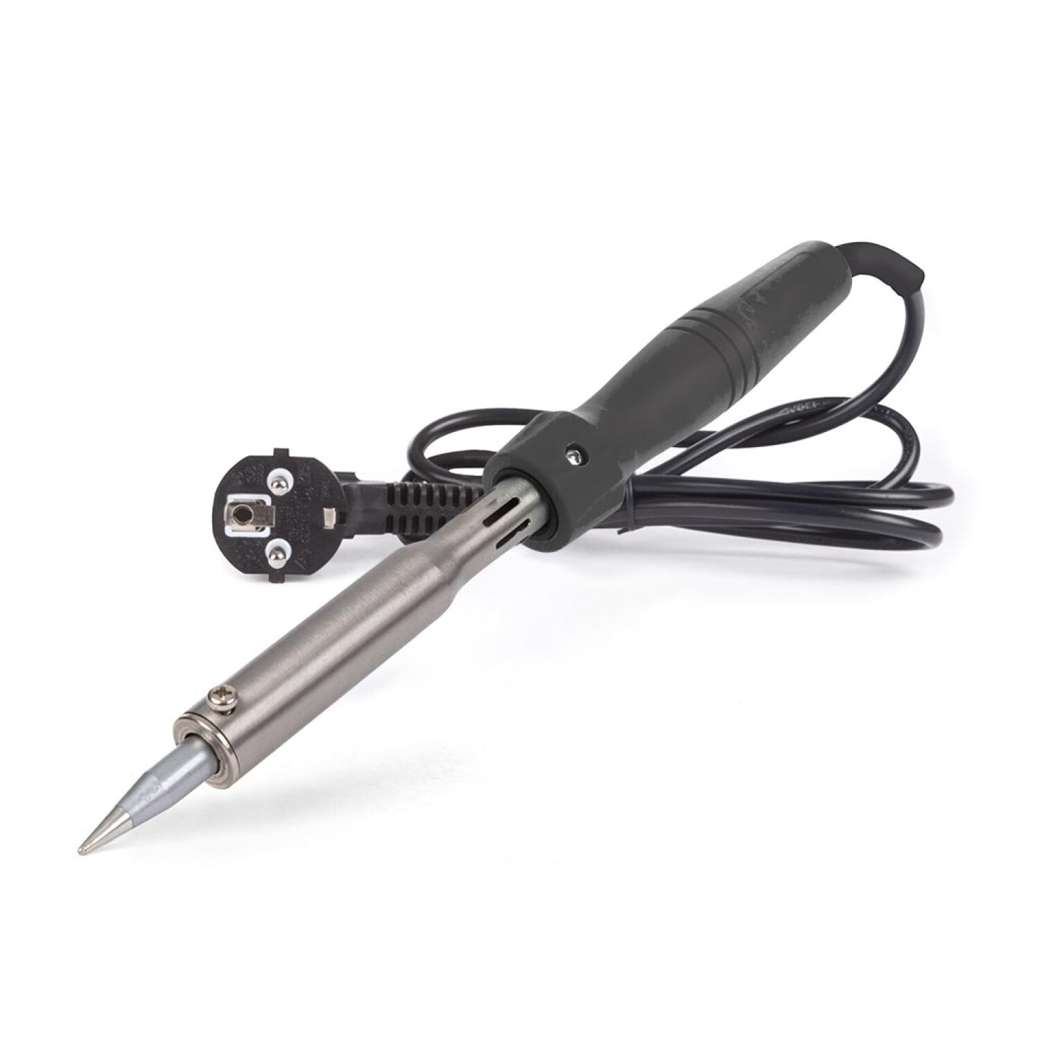 Szara lutownica z czarnym uchwytem i przewodem na białym tle.