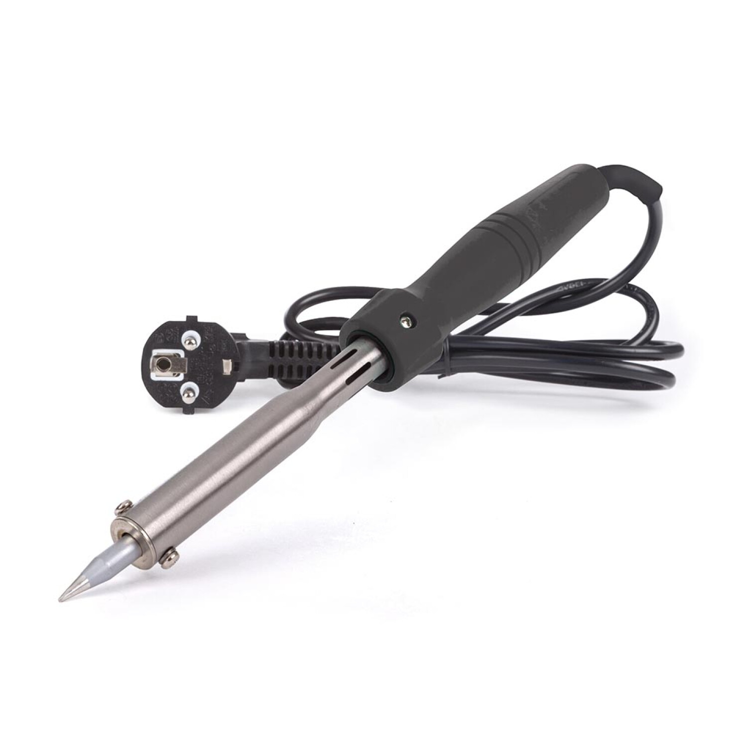 Lötkolben mit schwarzem Griff, silberner Spitze und Stecker. Schwarzes Kabel auf Weiß.