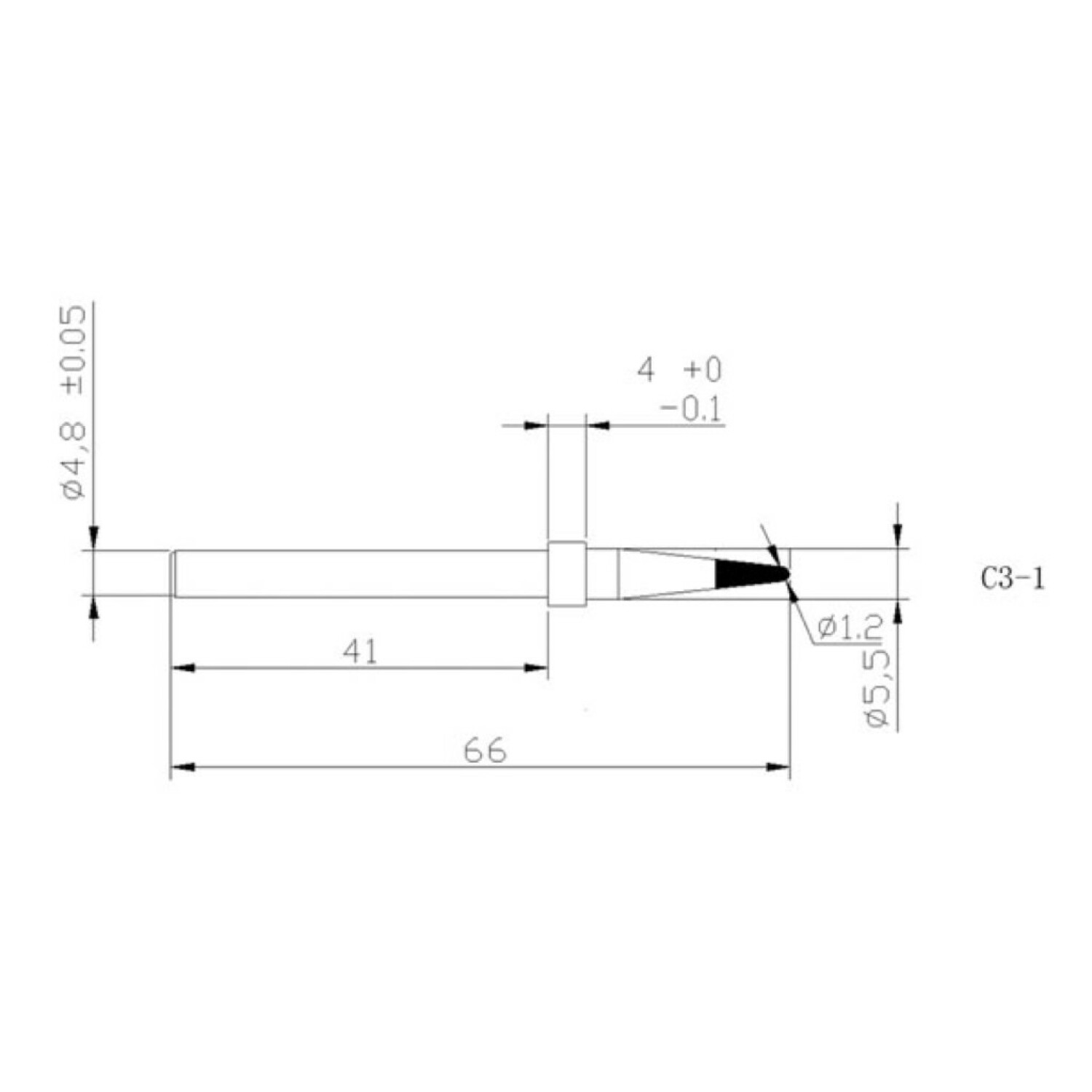 Schemat końcówki lutownicy z wymiarami. Zawiera wymiary i etykiety.