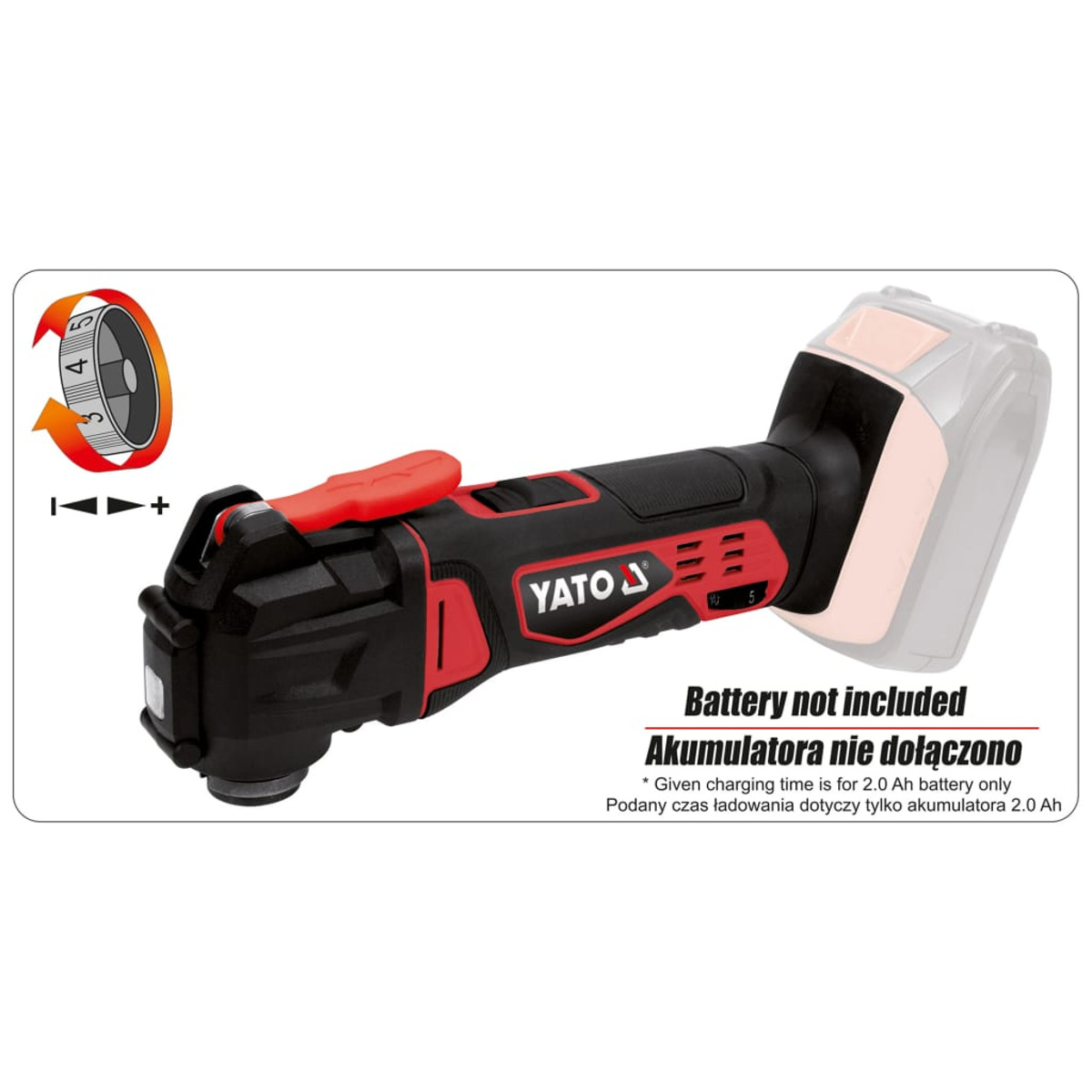Un multiutensile Yato con design rosso e nero. Include il testo 'Battery not included' in polacco.