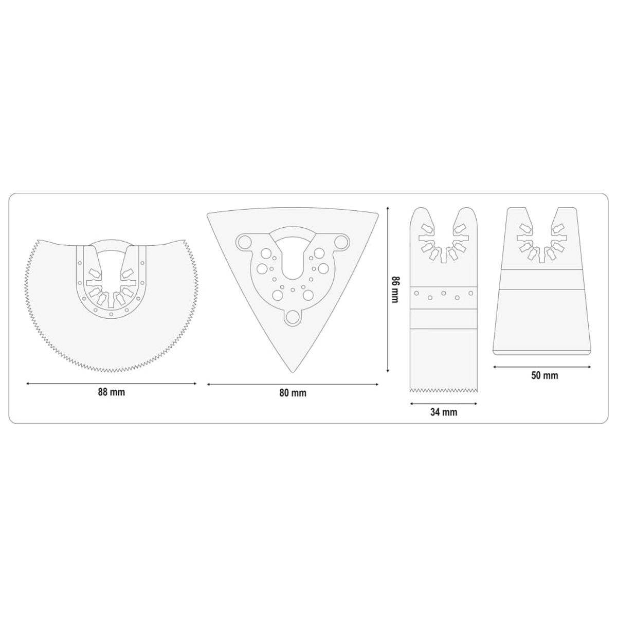 Diagramma degli accessori per utensili con dimensioni in mm. Varie forme, tra cui un triangolo e un rettangolo.
